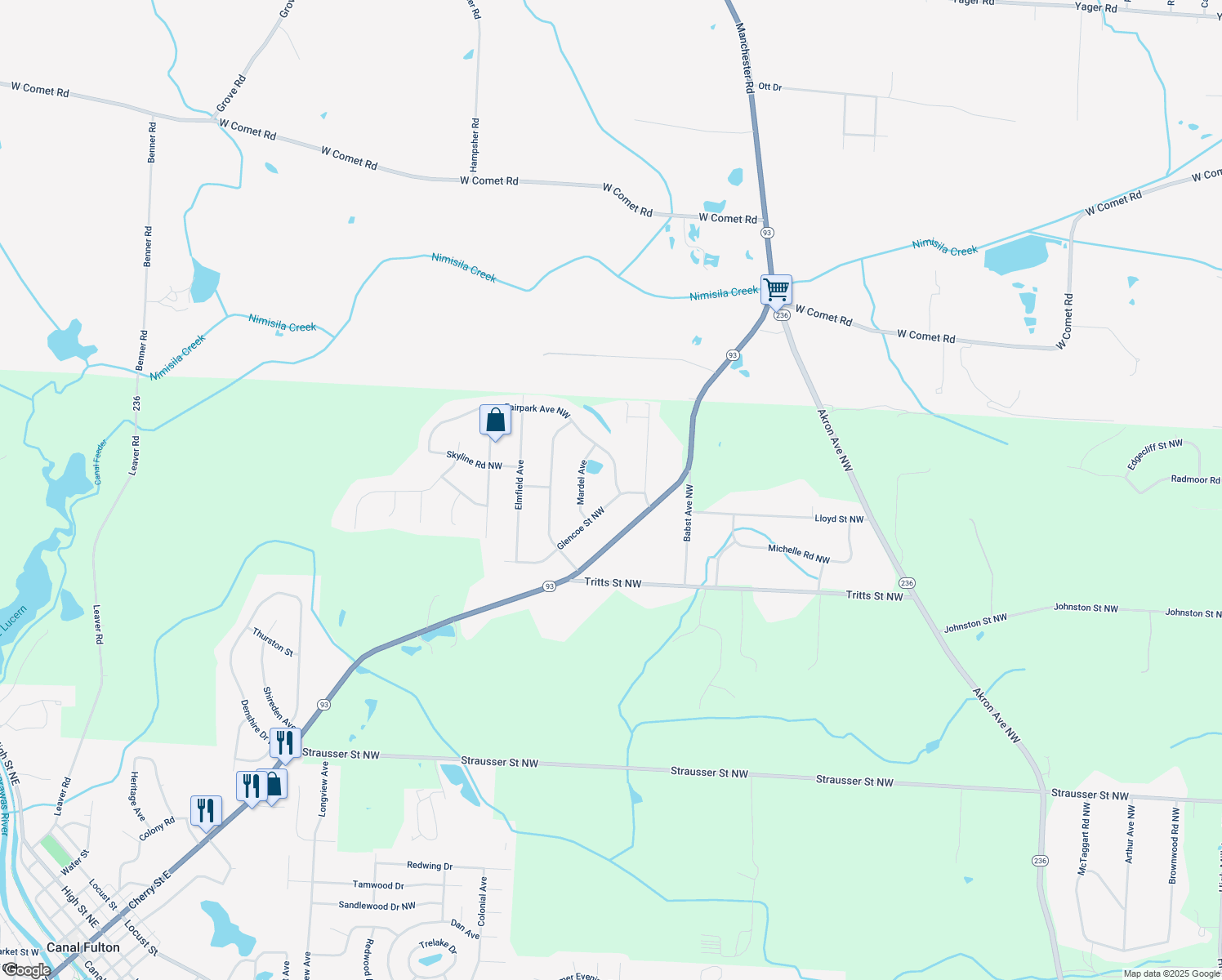 map of restaurants, bars, coffee shops, grocery stores, and more near 11801 Glencoe St NW in Canal Fulton