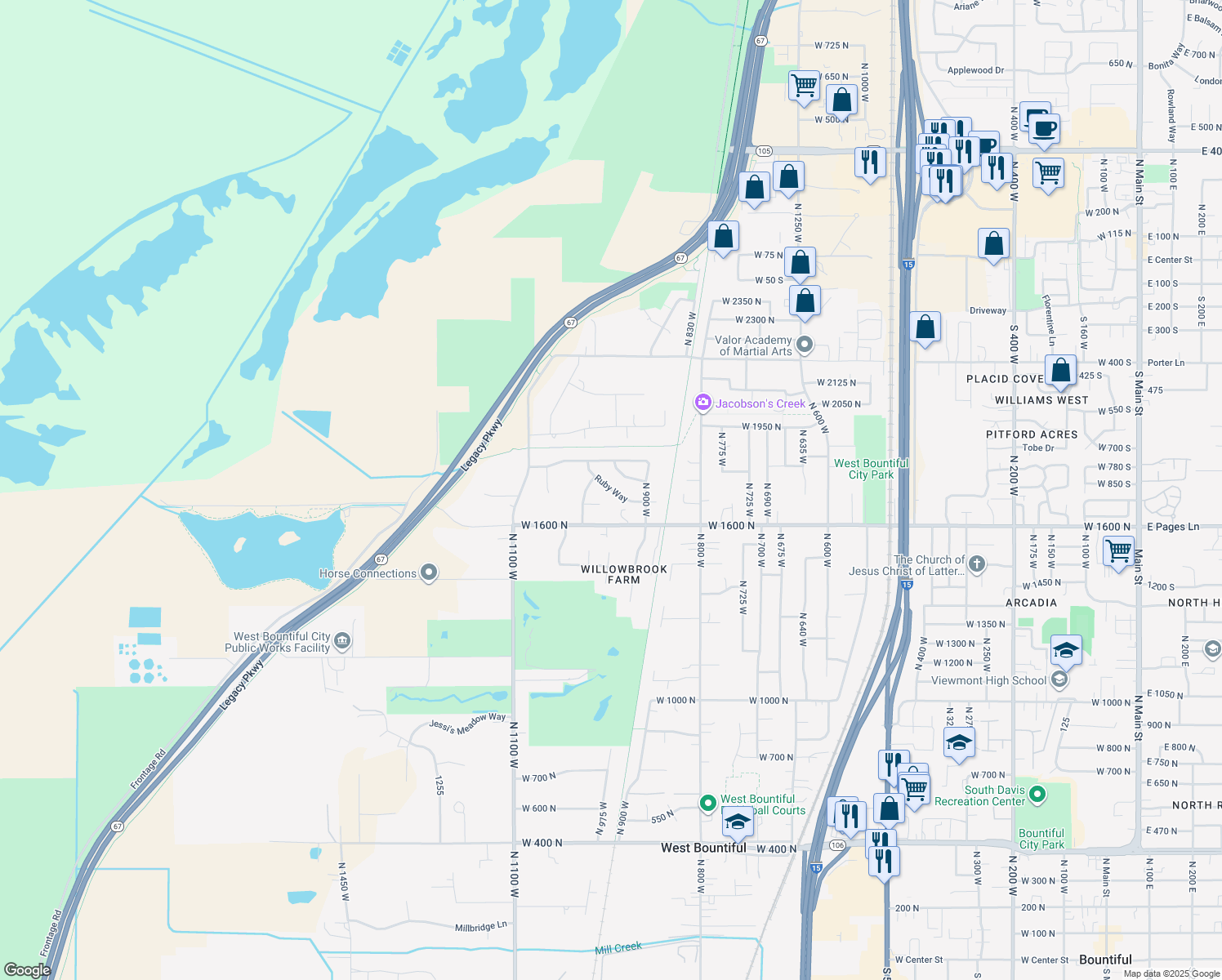 map of restaurants, bars, coffee shops, grocery stores, and more near 954 Ruby Way in West Bountiful