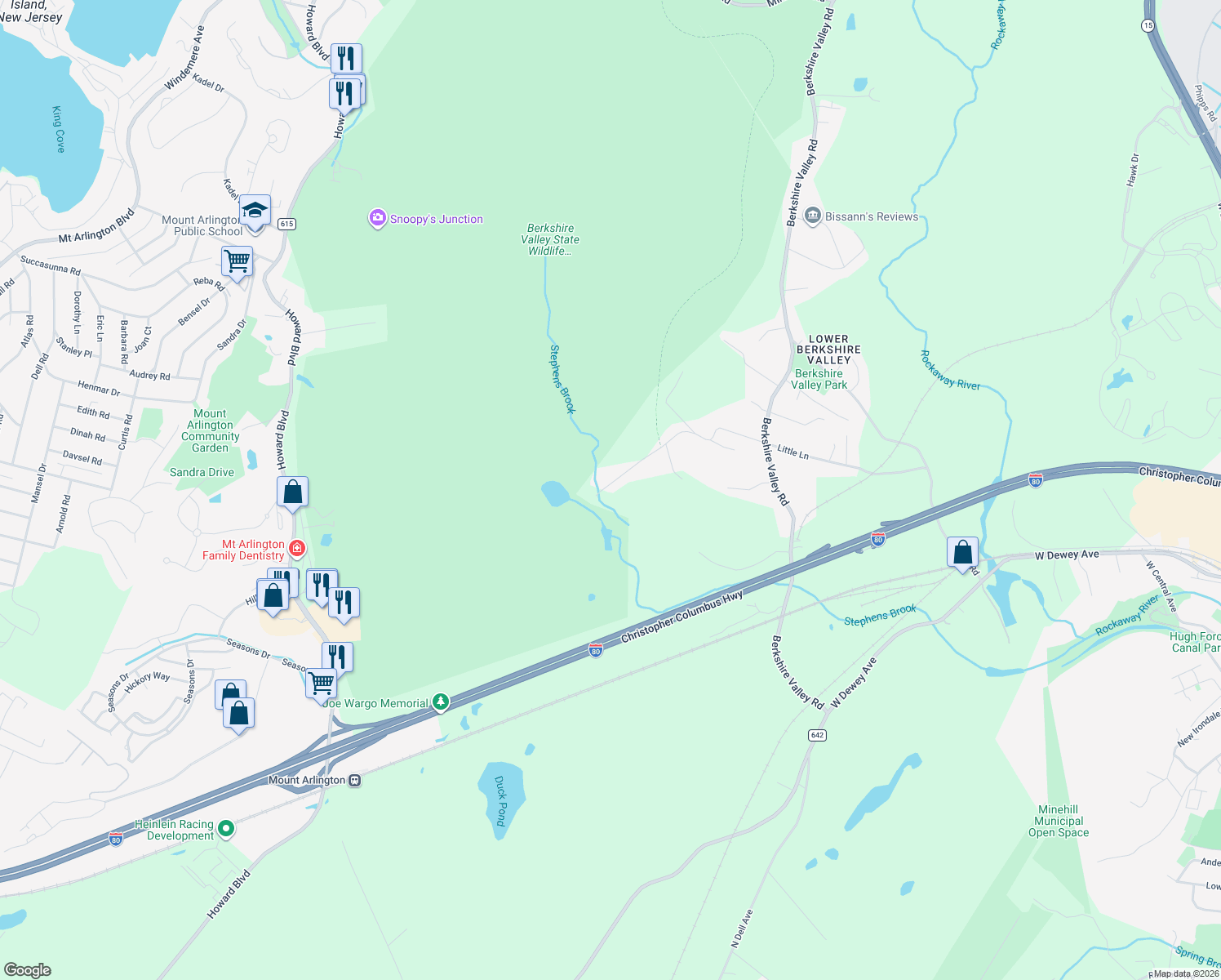 map of restaurants, bars, coffee shops, grocery stores, and more near 53 Gordon Road in Wharton
