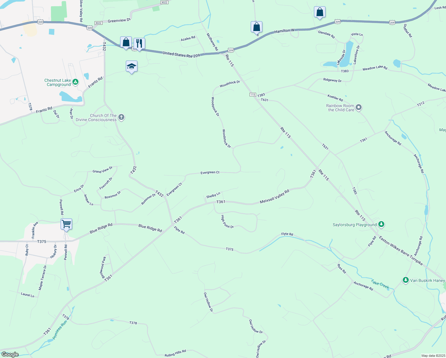map of restaurants, bars, coffee shops, grocery stores, and more near 220 Evergreen Ct in Saylorsburg