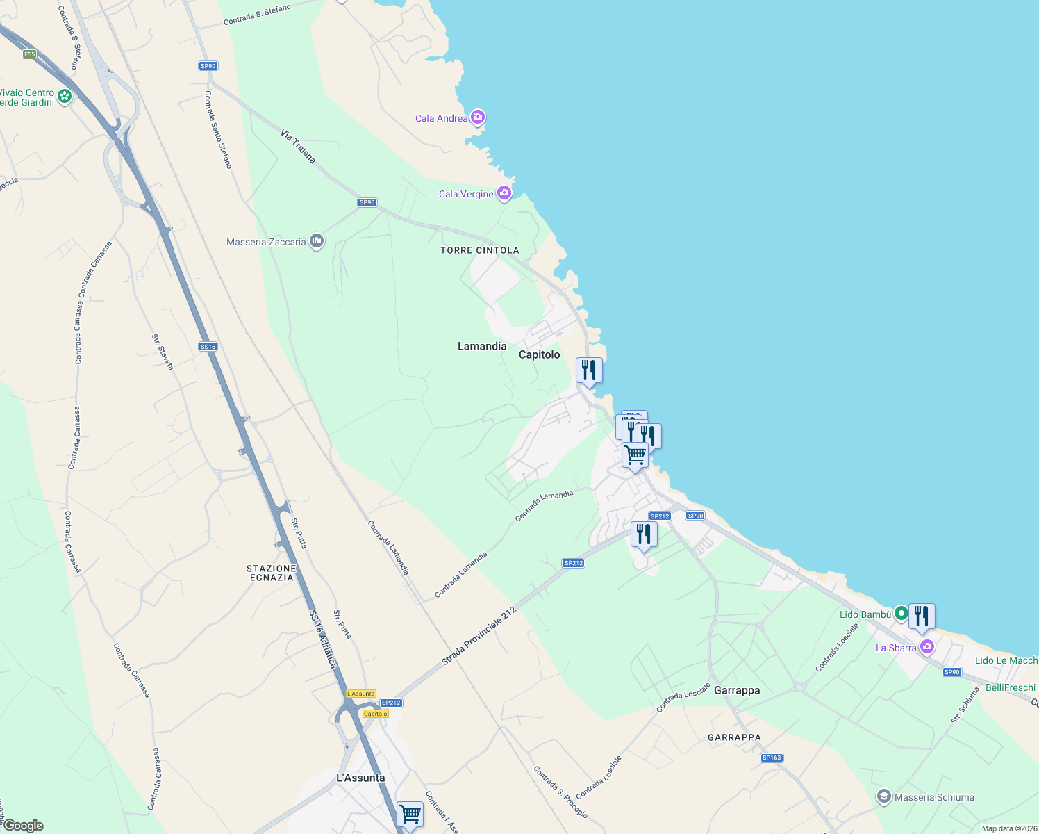 map of restaurants, bars, coffee shops, grocery stores, and more near 12 Contrada Lamandia in Capitolo