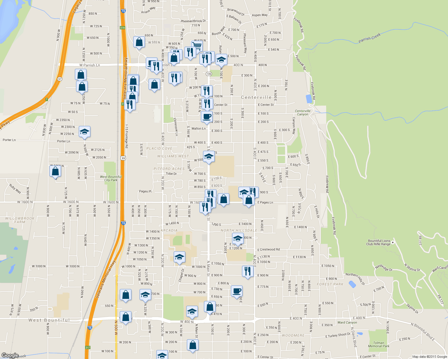 map of restaurants, bars, coffee shops, grocery stores, and more near 150 East 735 South in Centerville