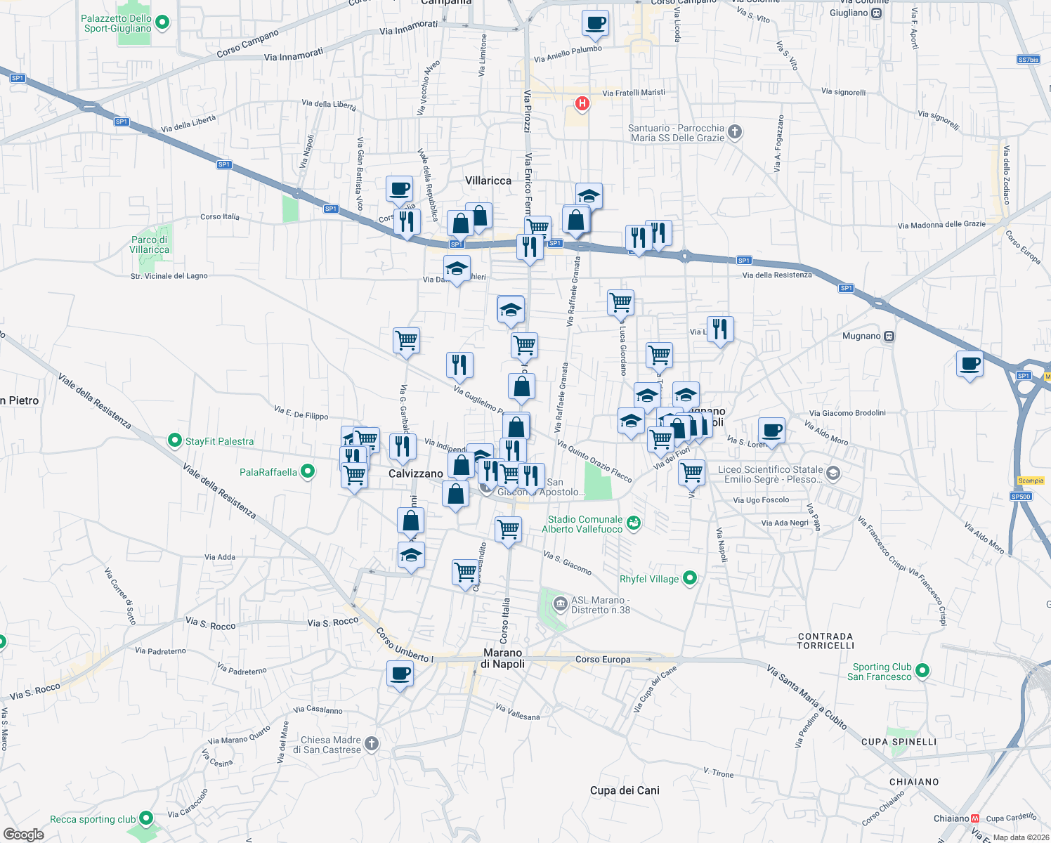 map of restaurants, bars, coffee shops, grocery stores, and more near 102 Corso Italia in Mugnano di Napoli
