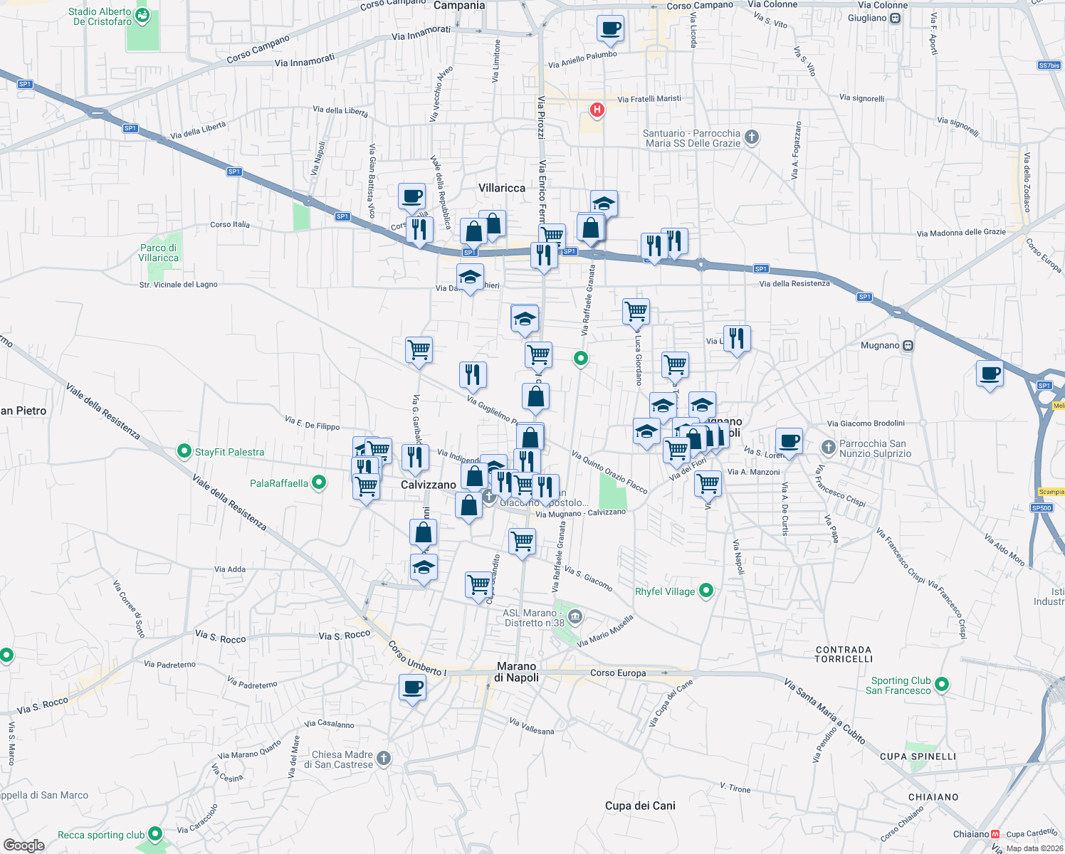 map of restaurants, bars, coffee shops, grocery stores, and more near 102 Corso Italia in Mugnano di Napoli