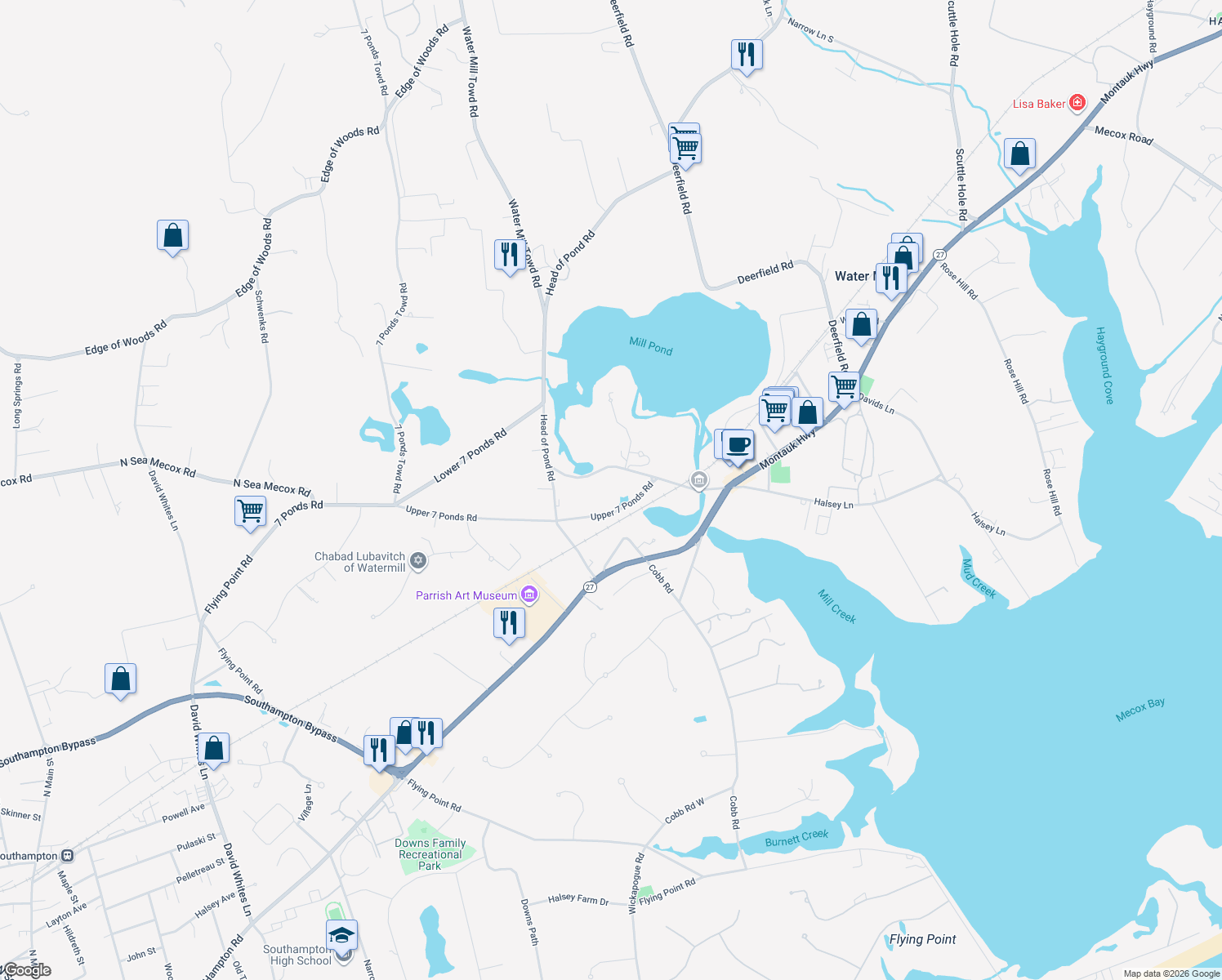 map of restaurants, bars, coffee shops, grocery stores, and more near 170 Old Mill Road in Water Mill