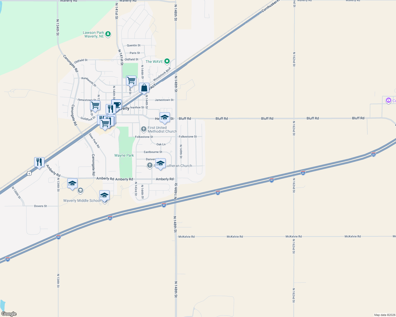 map of restaurants, bars, coffee shops, grocery stores, and more near 10010 North 151st Street in Waverly