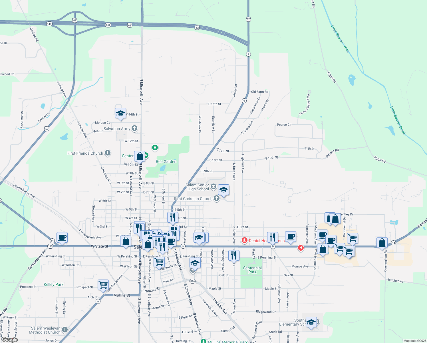 map of restaurants, bars, coffee shops, grocery stores, and more near 1123 East 9th Street in Salem