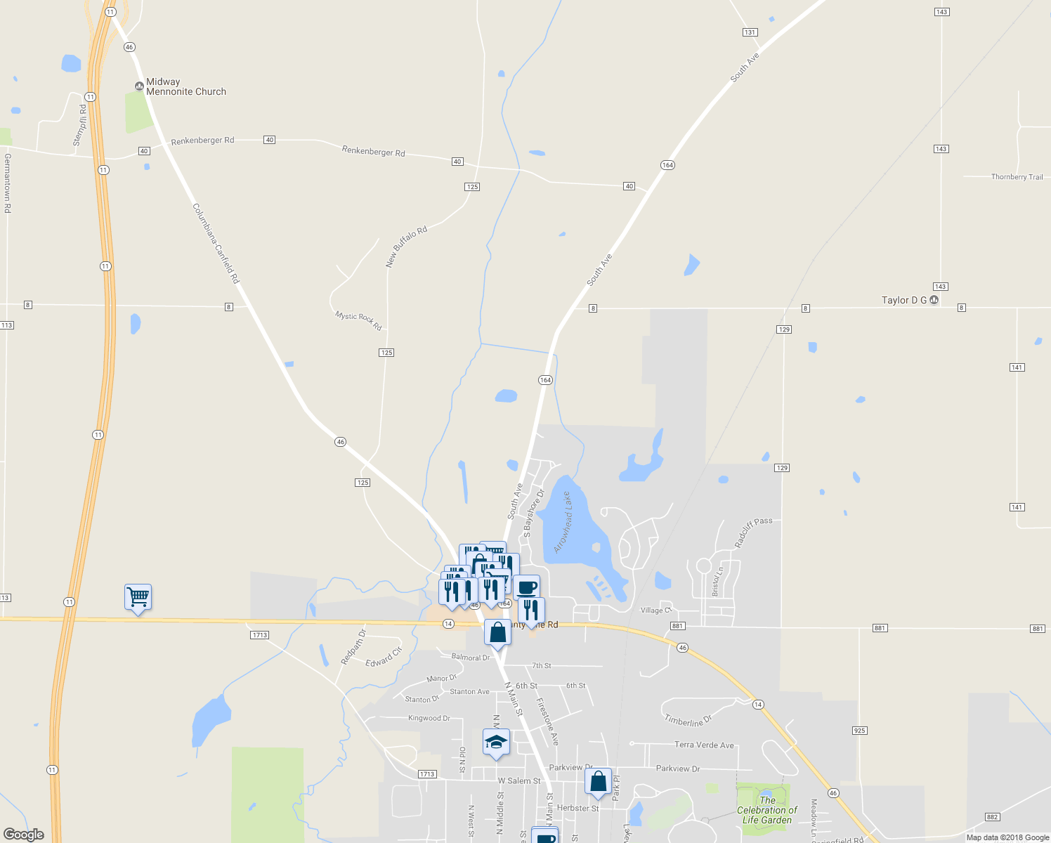 map of restaurants, bars, coffee shops, grocery stores, and more near 14380 South Avenue in Columbiana