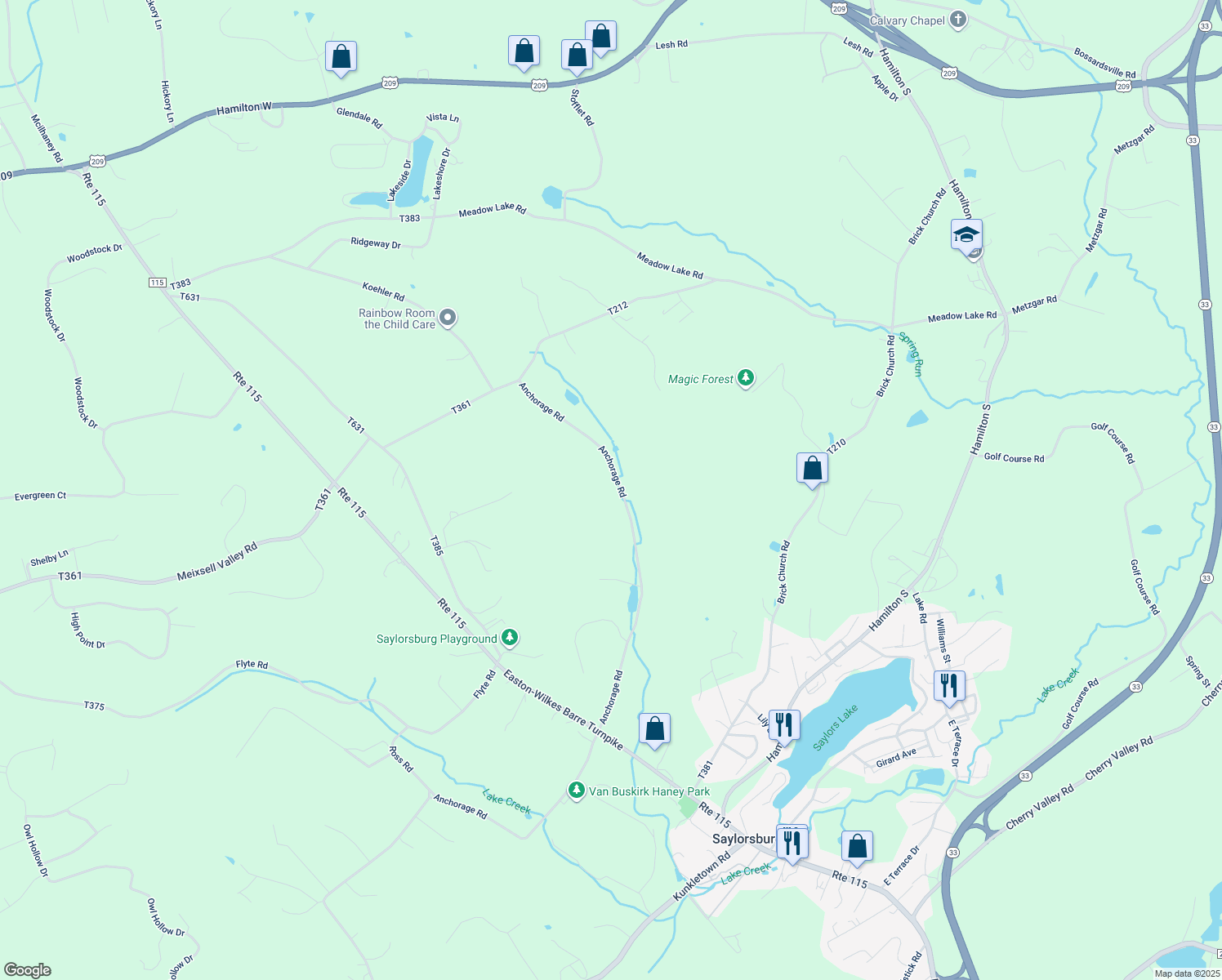 map of restaurants, bars, coffee shops, grocery stores, and more near 441 Anchorage Road in Saylorsburg
