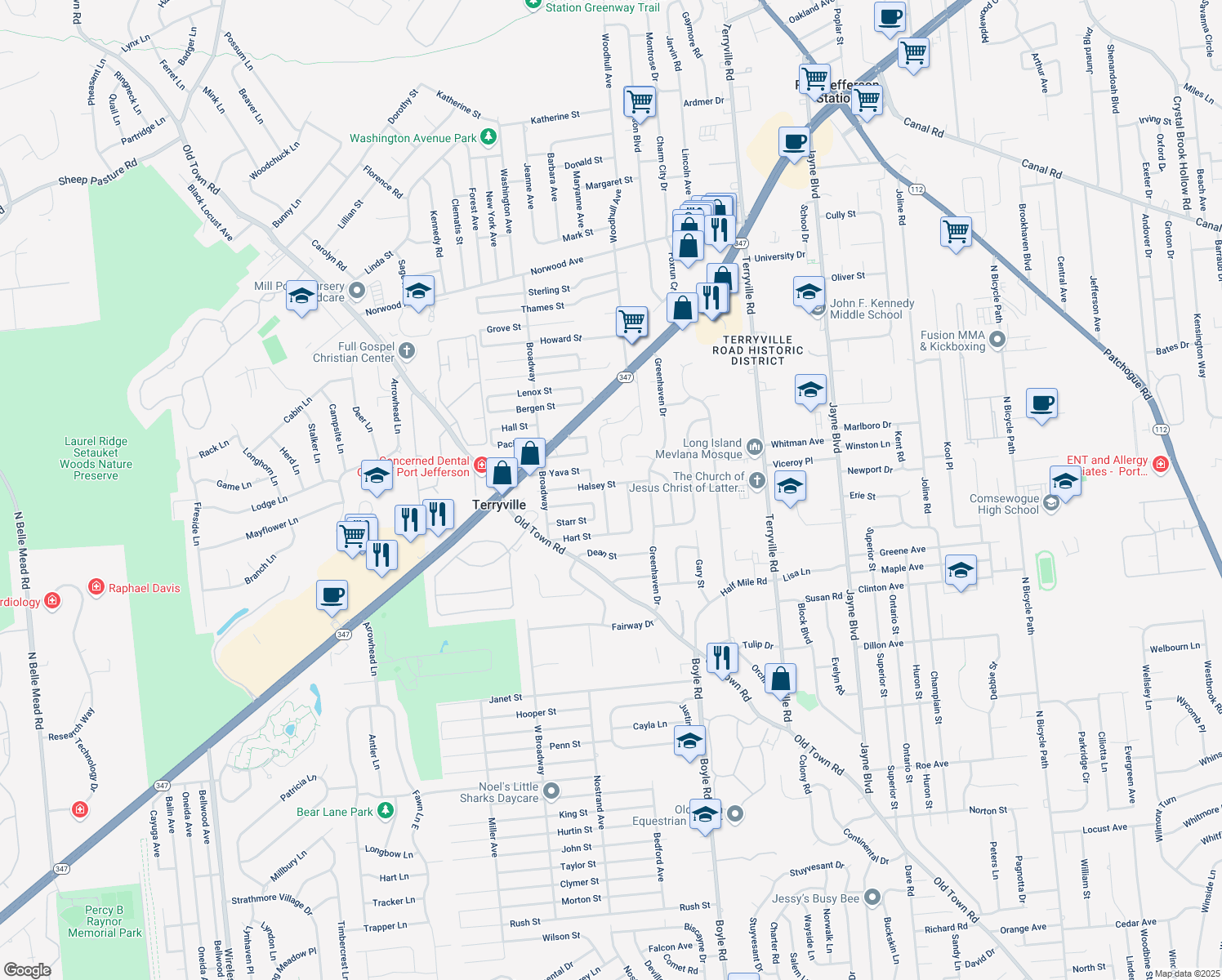 map of restaurants, bars, coffee shops, grocery stores, and more near 46 Halsey Street in Port Jefferson Station