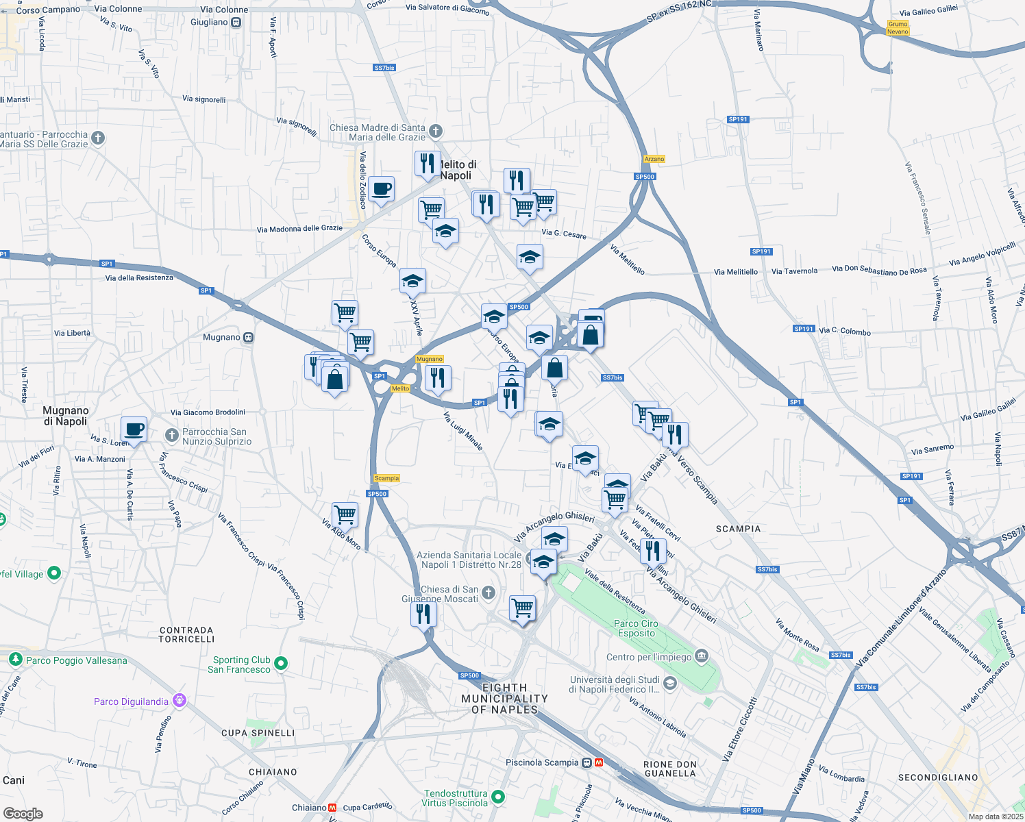 map of restaurants, bars, coffee shops, grocery stores, and more near 11 Via Campania in Melito di Napoli