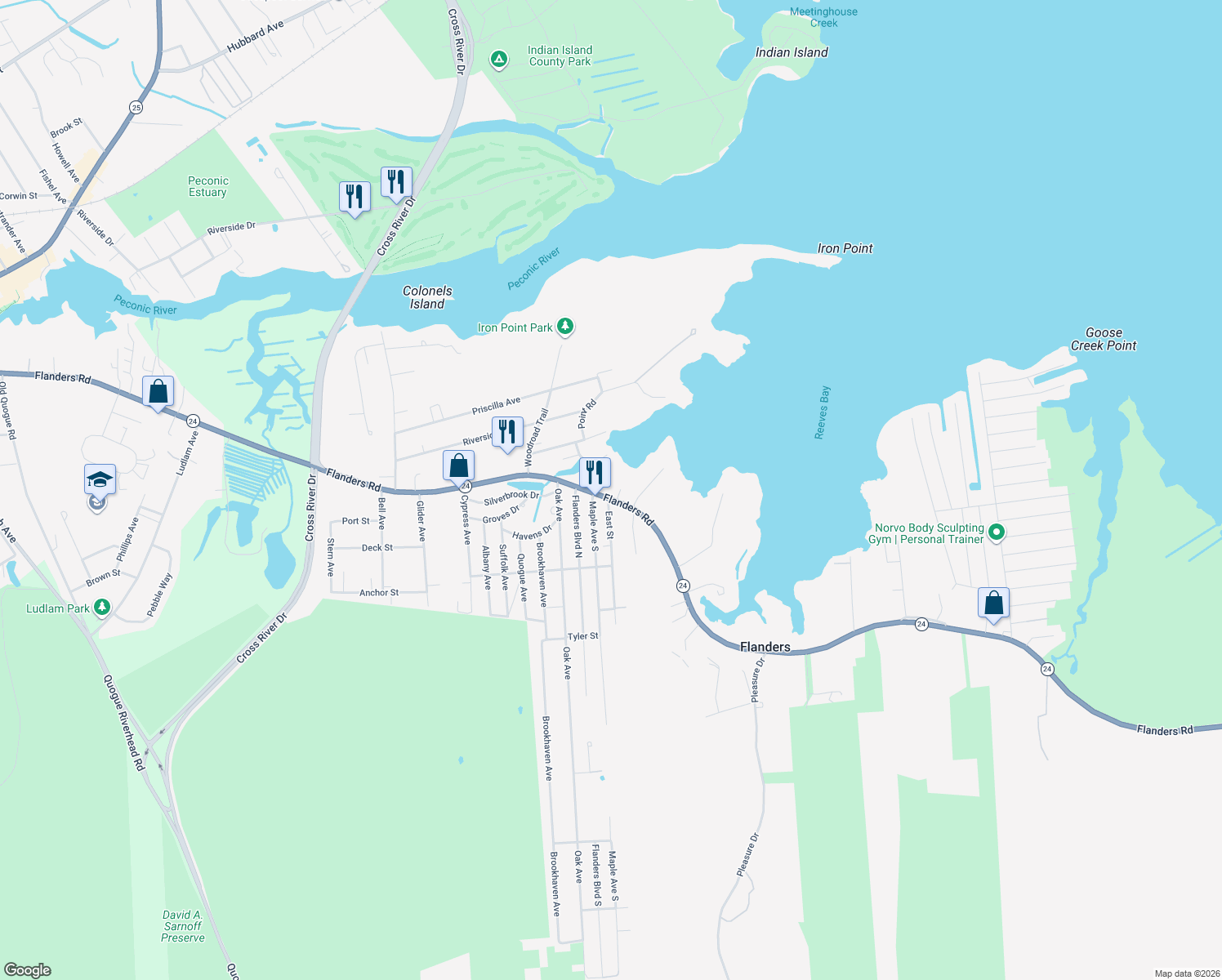 map of restaurants, bars, coffee shops, grocery stores, and more near 904 Flanders Road in Flanders