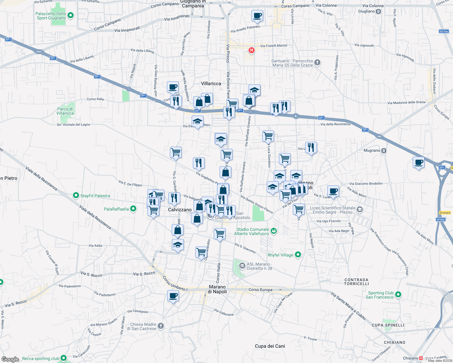 map of restaurants, bars, coffee shops, grocery stores, and more near 102 Corso Italia in Mugnano di Napoli