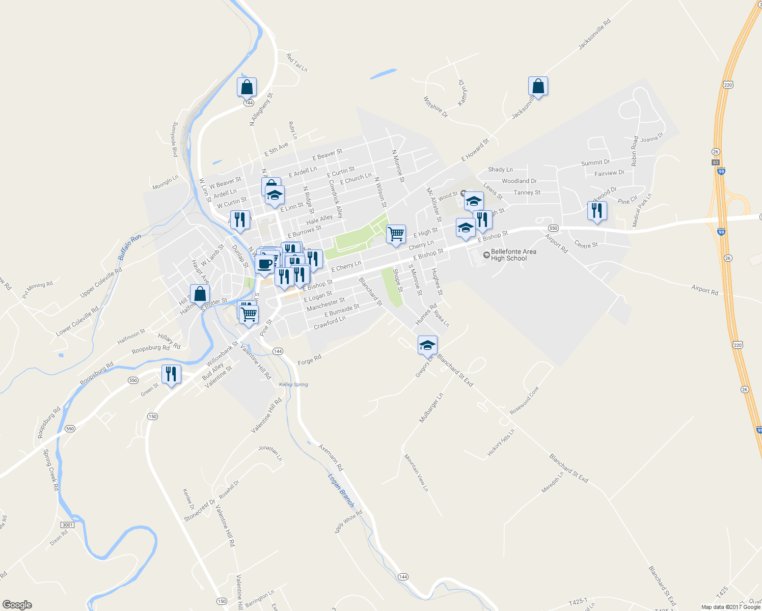 map of restaurants, bars, coffee shops, grocery stores, and more near 116 Crawford Street in Bellefonte