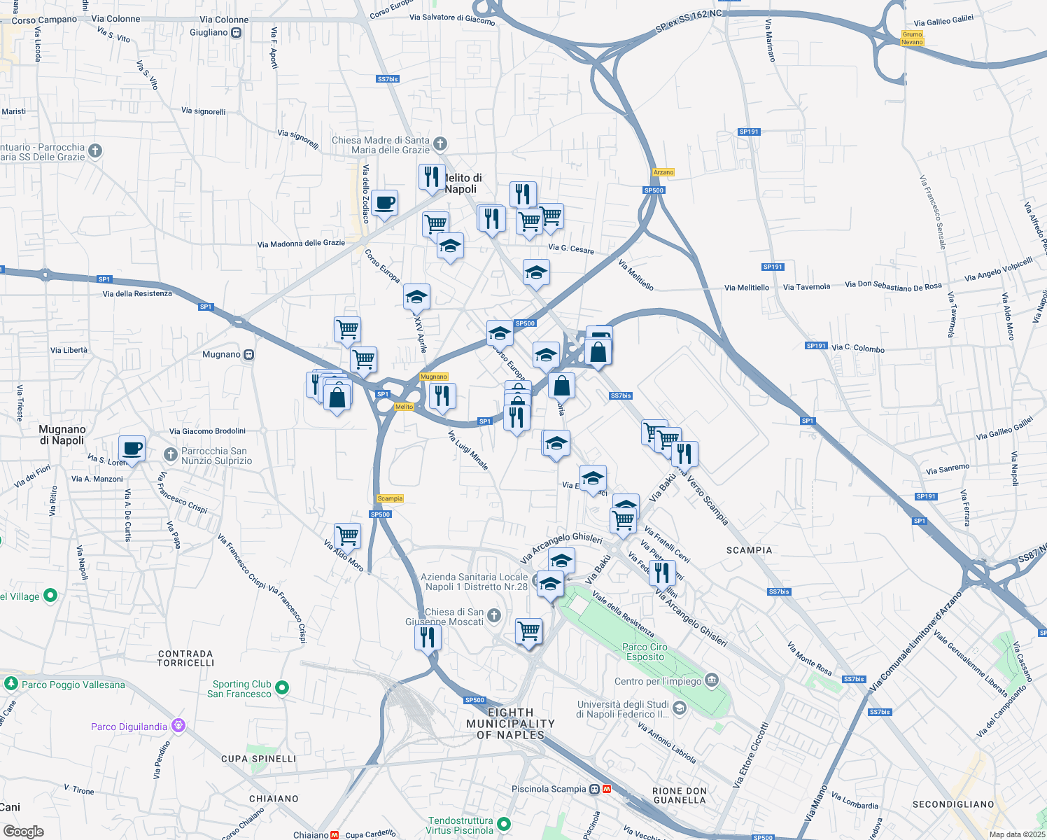 map of restaurants, bars, coffee shops, grocery stores, and more near 11 Via Campania in Melito di Napoli