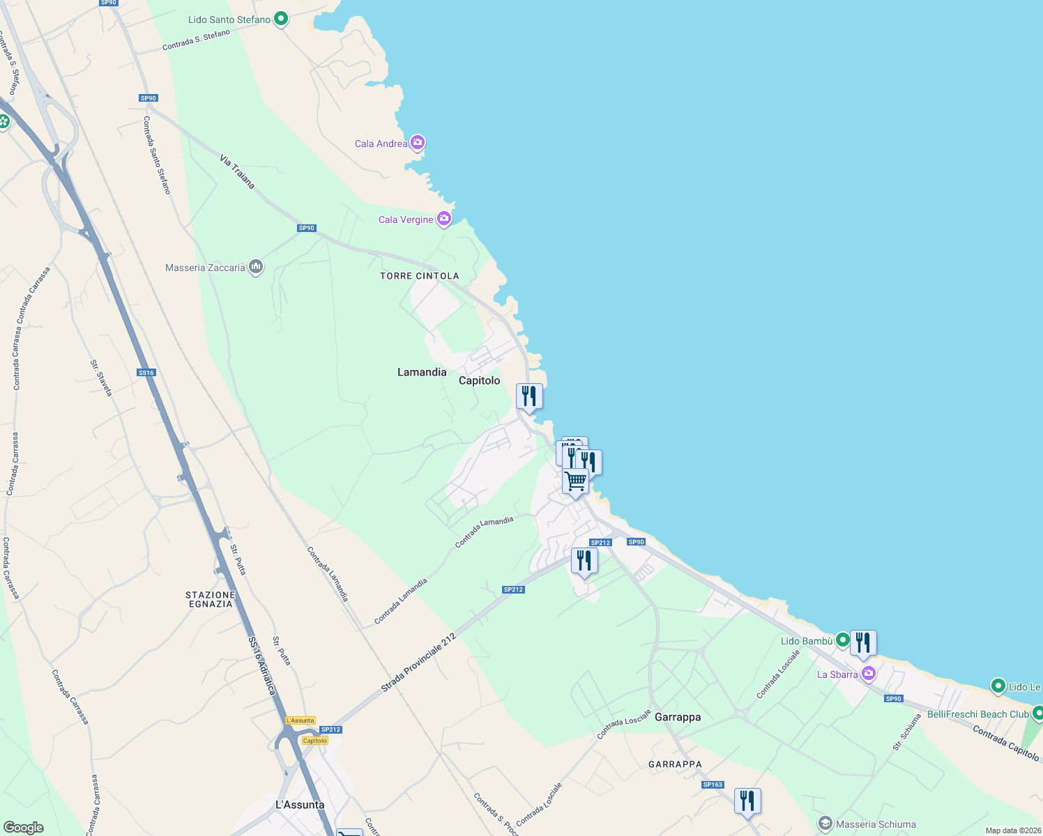 map of restaurants, bars, coffee shops, grocery stores, and more near 18 Contrada Capitolo in Capitolo