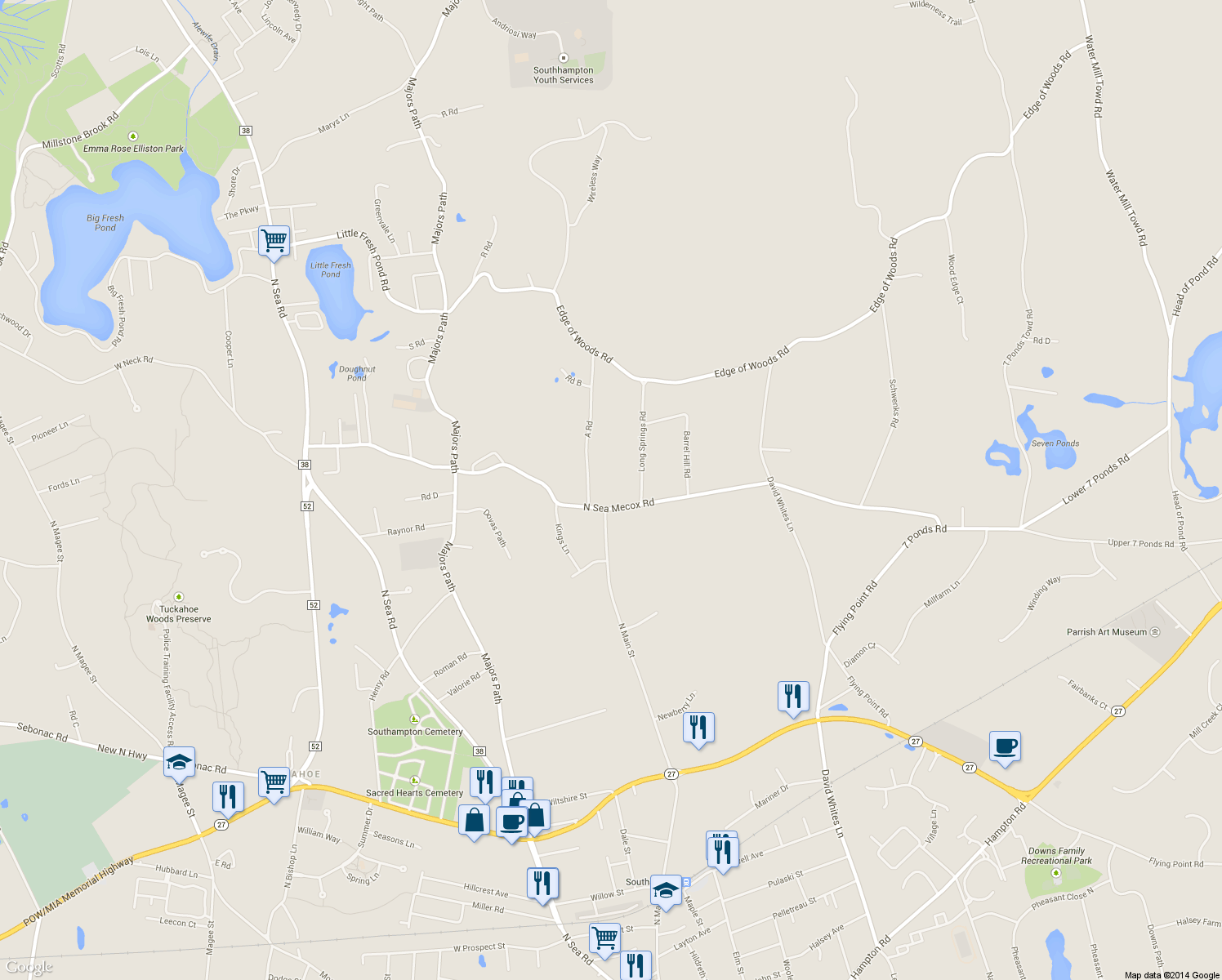 map of restaurants, bars, coffee shops, grocery stores, and more near 475 North Sea Mecox Road in Southampton