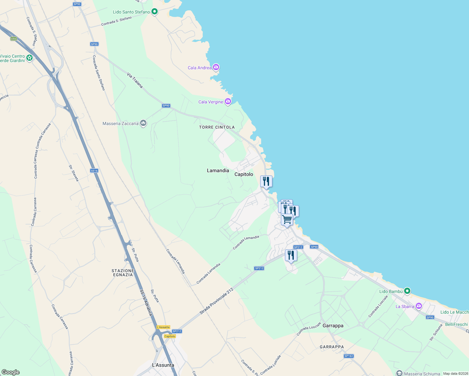 map of restaurants, bars, coffee shops, grocery stores, and more near 12 Contrada Lamandia in Capitolo
