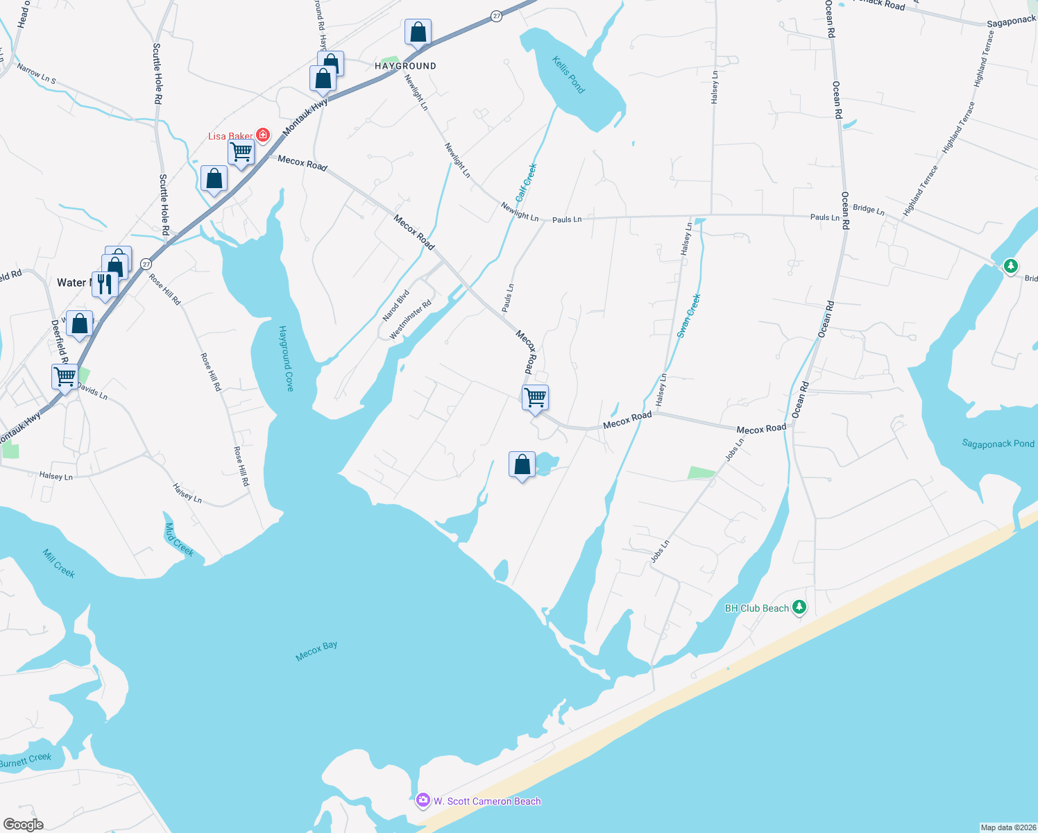 map of restaurants, bars, coffee shops, grocery stores, and more near 677 Mecox Road in Water Mill