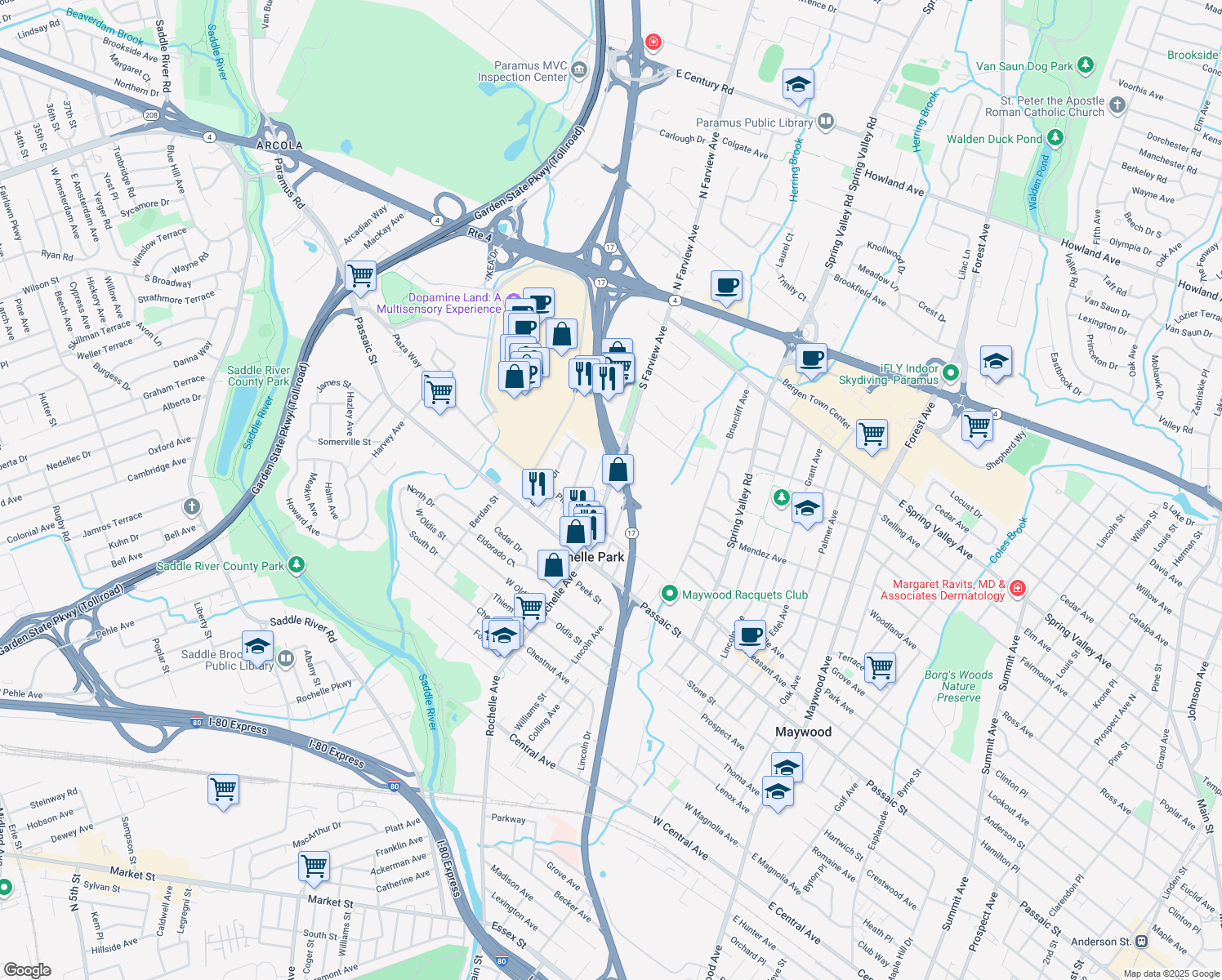 map of restaurants, bars, coffee shops, grocery stores, and more near 114 S Farview Ave in Paramus