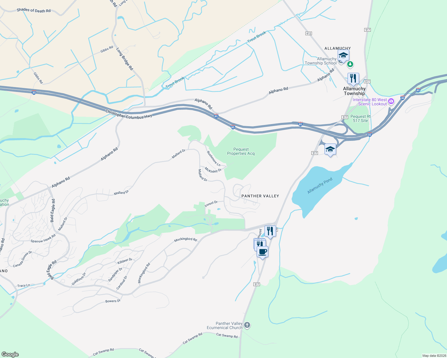 map of restaurants, bars, coffee shops, grocery stores, and more near 48 Mallard Drive in Hackettstown