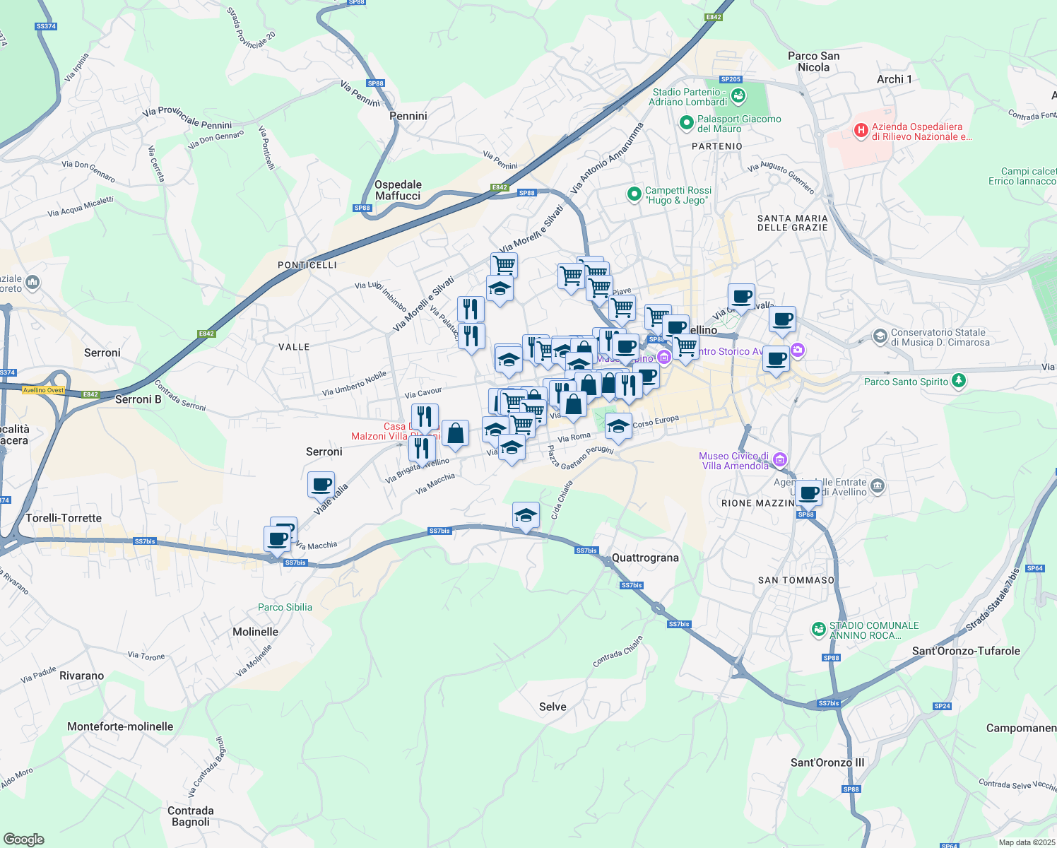 map of restaurants, bars, coffee shops, grocery stores, and more near 151 Viale Italia in Avellino