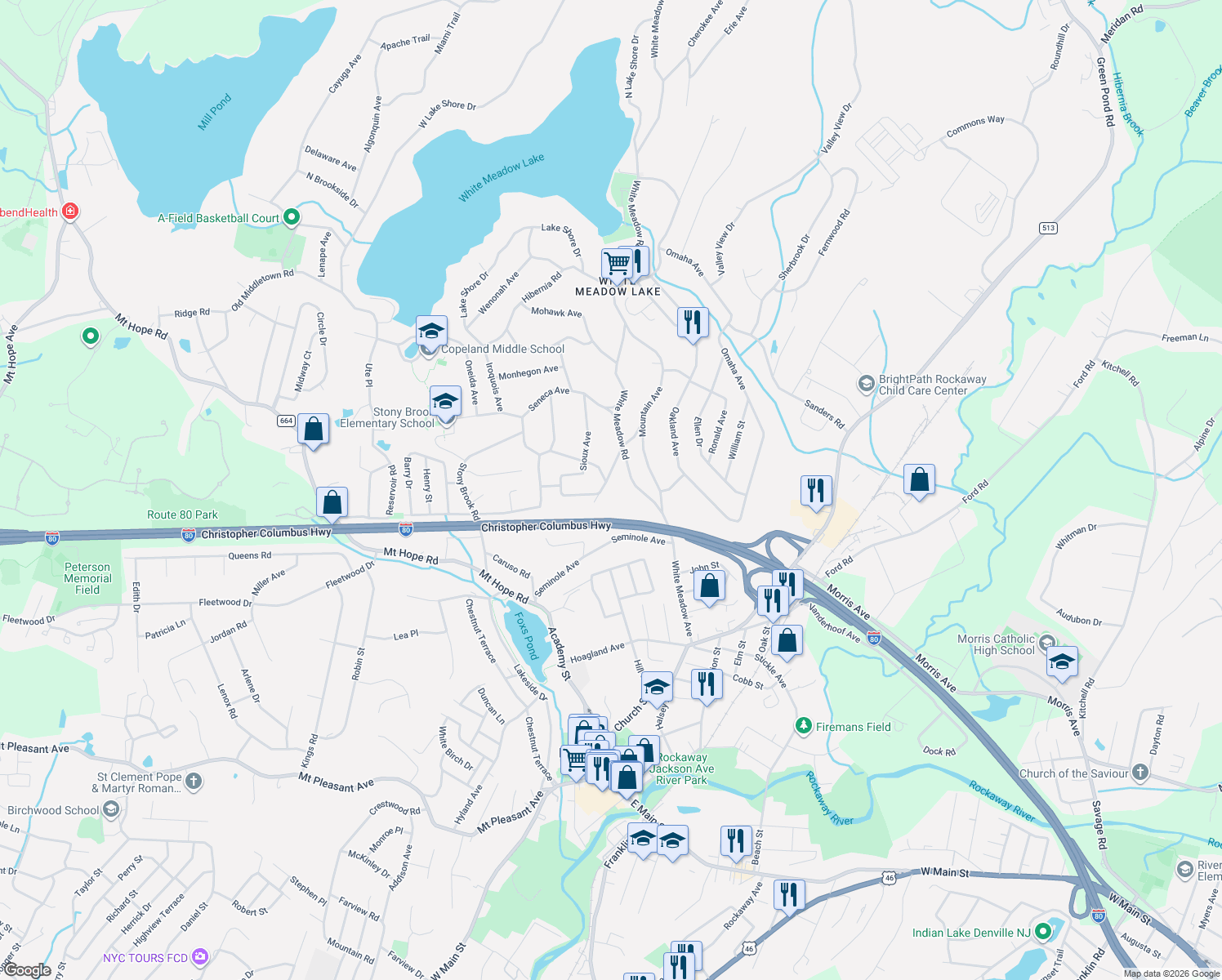 map of restaurants, bars, coffee shops, grocery stores, and more near 23 Navajo Way in Rockaway