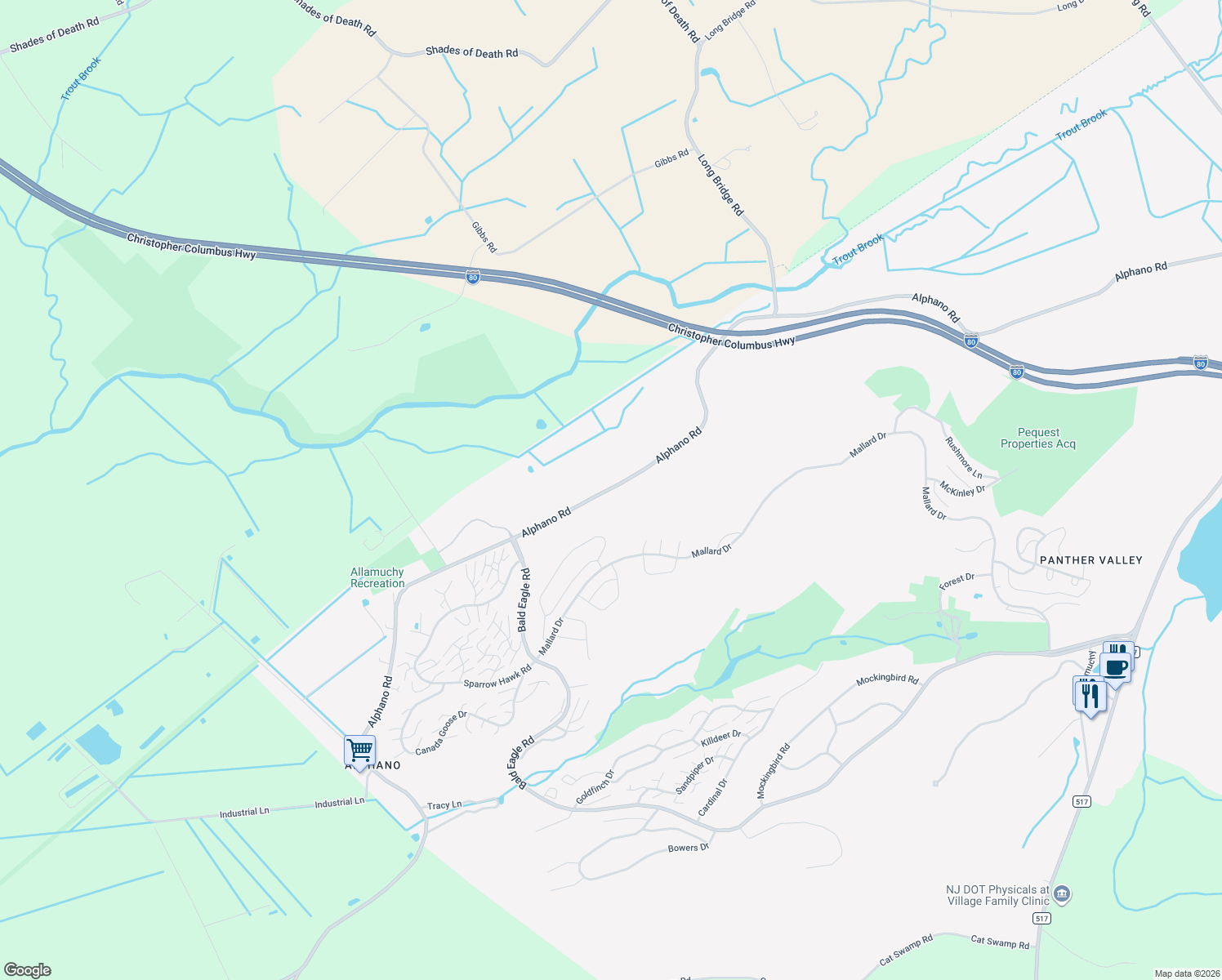 map of restaurants, bars, coffee shops, grocery stores, and more near 302 Alphano Road in Allamuchy Township