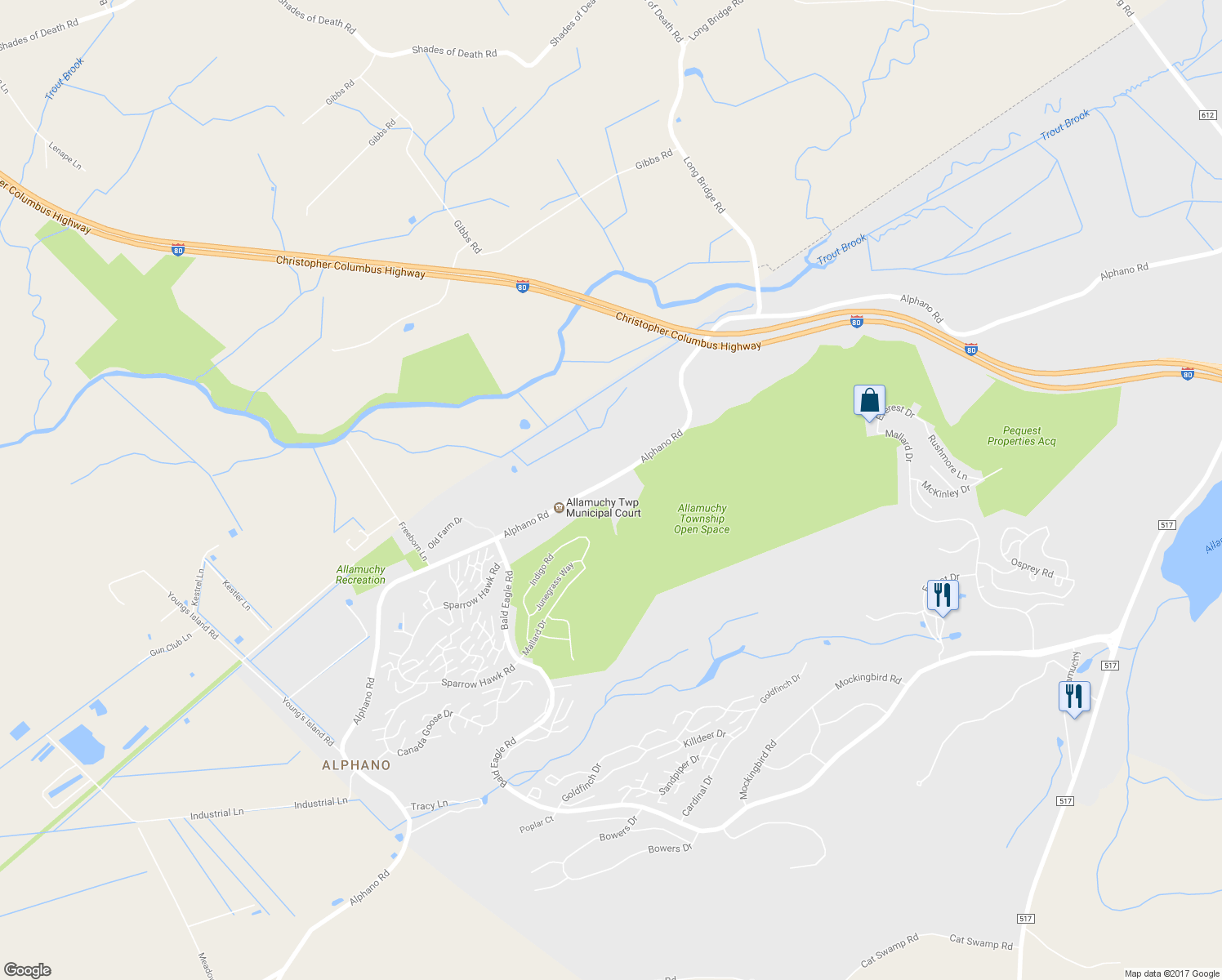 map of restaurants, bars, coffee shops, grocery stores, and more near 302 Alphano Road in Allamuchy Township