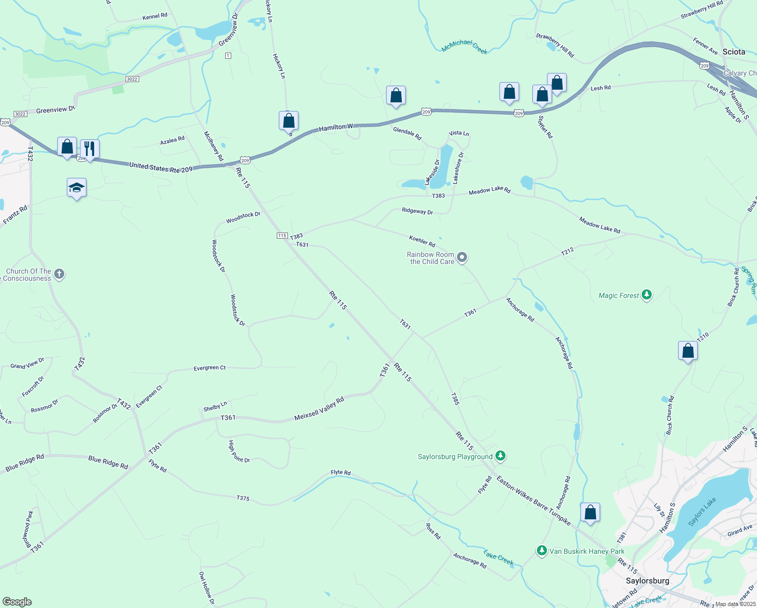 map of restaurants, bars, coffee shops, grocery stores, and more near 1693 Bonser Road in Saylorsburg