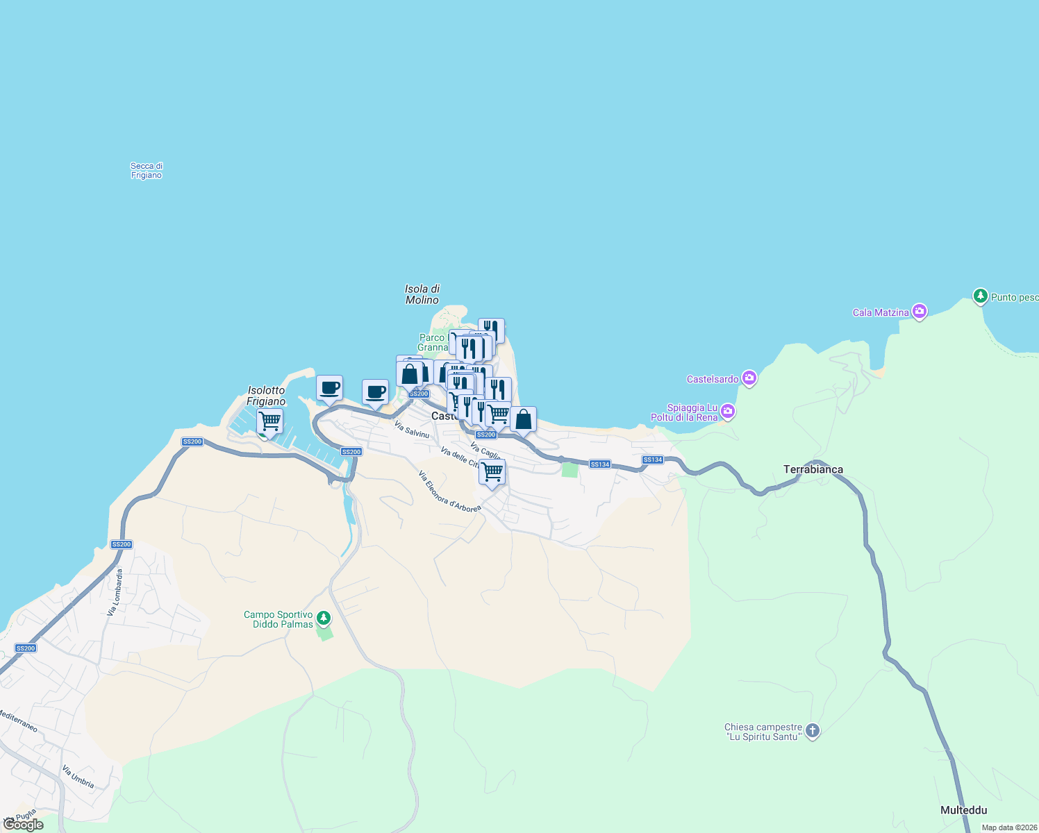 map of restaurants, bars, coffee shops, grocery stores, and more near 27 Via Cristoforo Colombo in Castelsardo