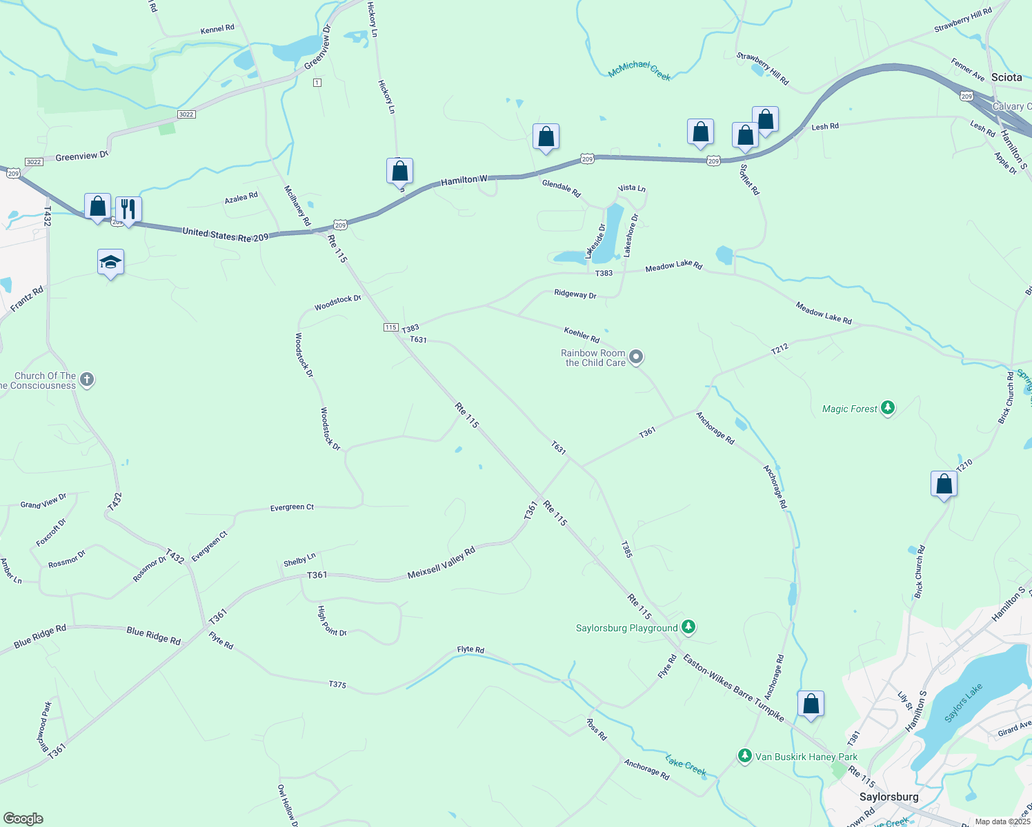 map of restaurants, bars, coffee shops, grocery stores, and more near 1699 Bonser Road in Saylorsburg