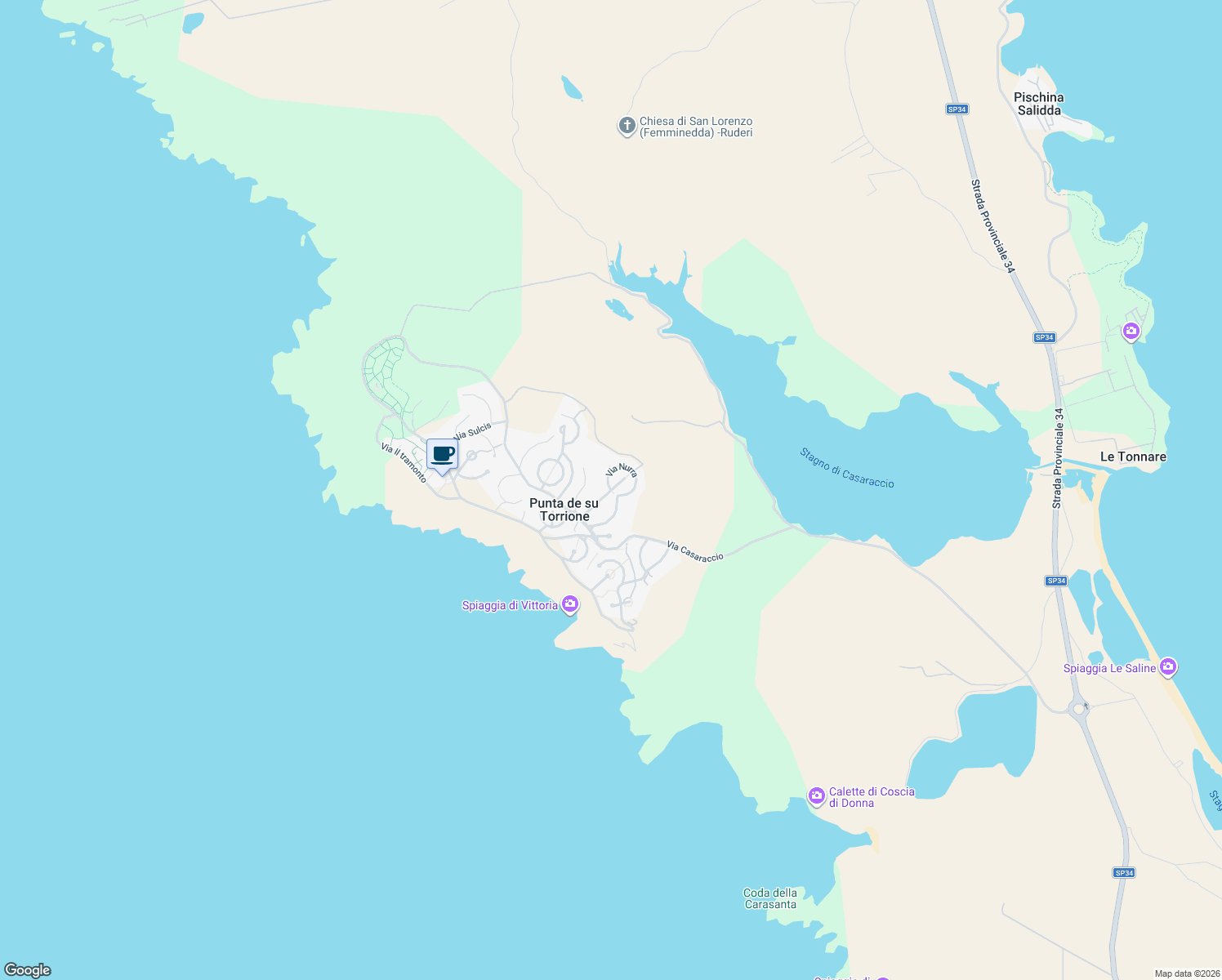 map of restaurants, bars, coffee shops, grocery stores, and more near 47 Via Nurra in Punta de Su Turrione