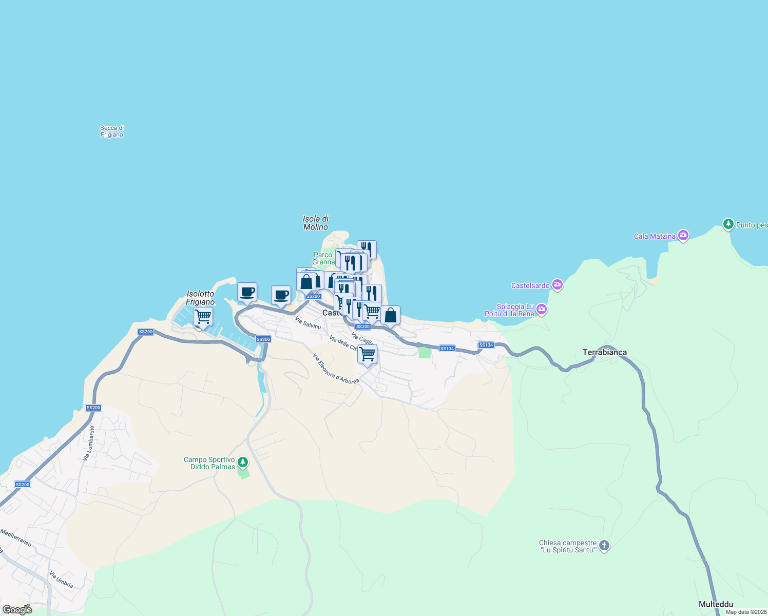 map of restaurants, bars, coffee shops, grocery stores, and more near 27 Via Cristoforo Colombo in Castelsardo