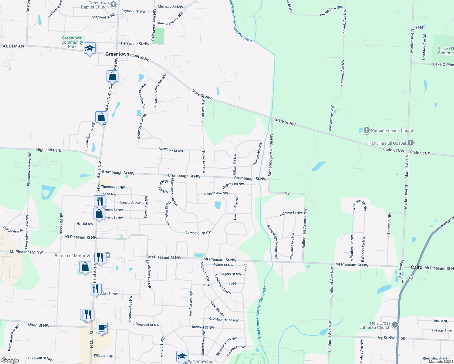 map of restaurants, bars, coffee shops, grocery stores, and more near 2305 Mcginty Rd NW in North Canton
