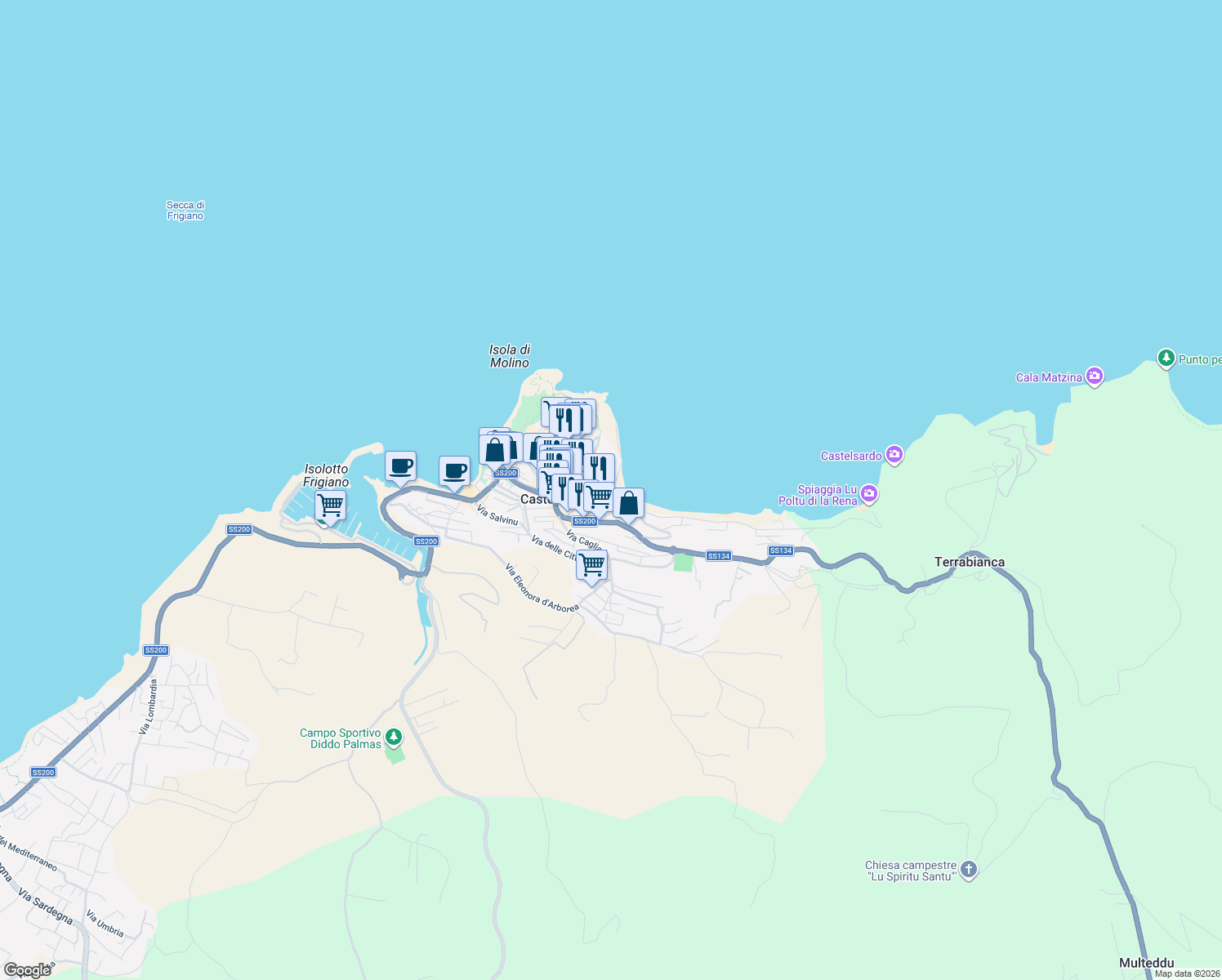 map of restaurants, bars, coffee shops, grocery stores, and more near 27 Via Cristoforo Colombo in Castelsardo