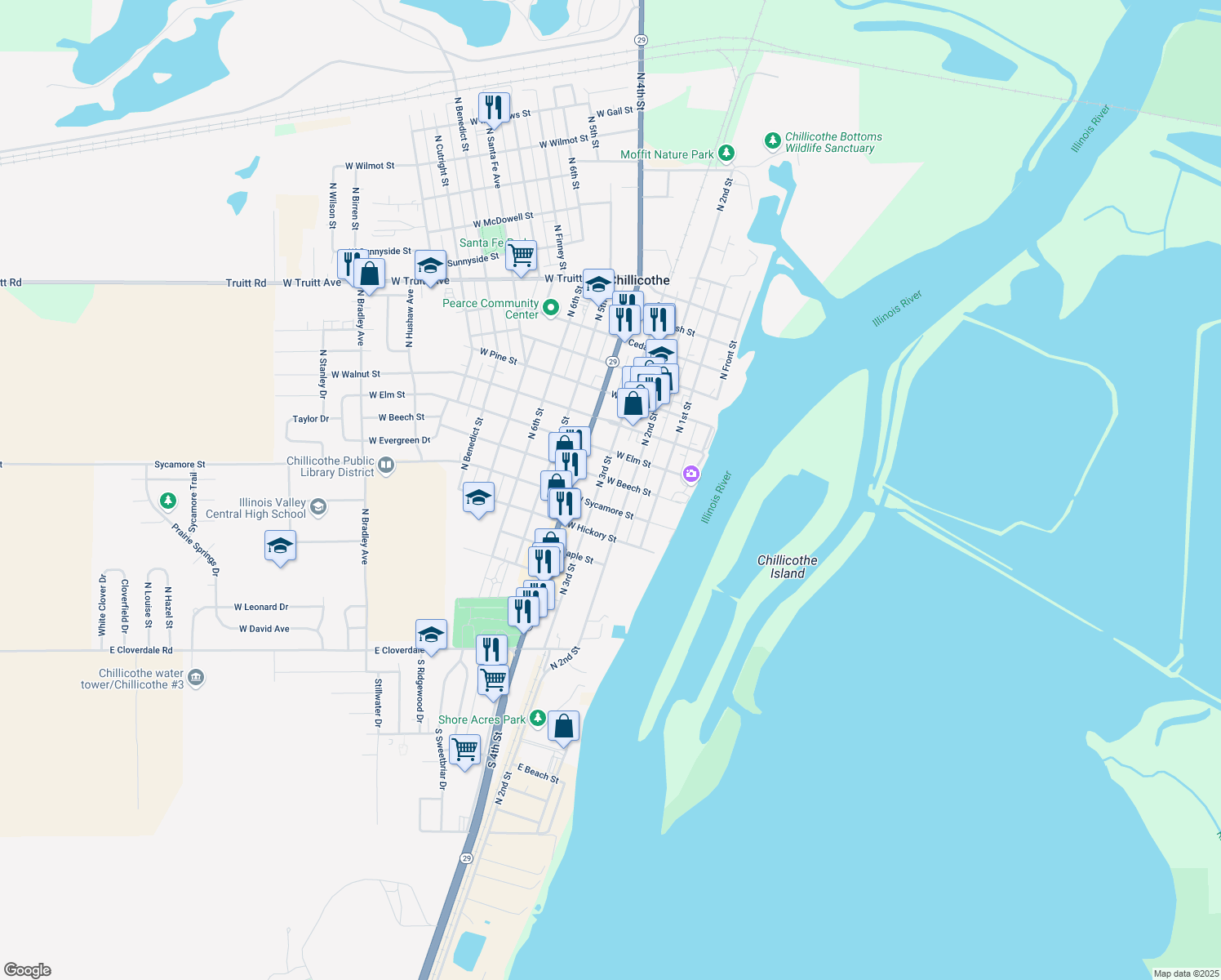 map of restaurants, bars, coffee shops, grocery stores, and more near 218 W Beech St in Chillicothe