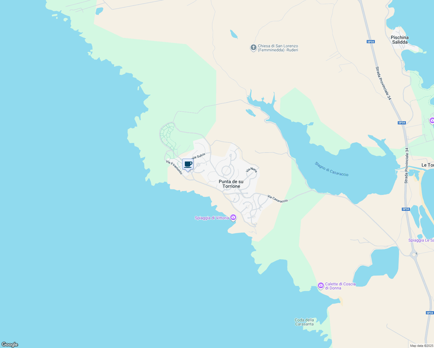 map of restaurants, bars, coffee shops, grocery stores, and more near 5 Via Brigata Sassari - Demonios in Punta de Su Turrione
