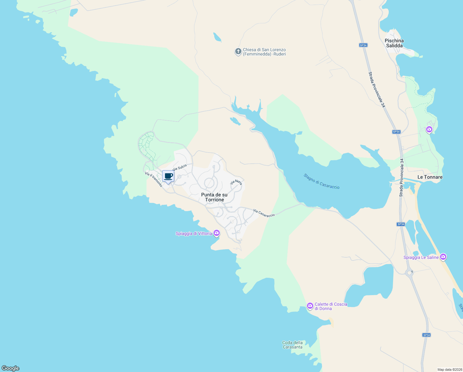 map of restaurants, bars, coffee shops, grocery stores, and more near 47 Via Nurra in Punta de Su Turrione