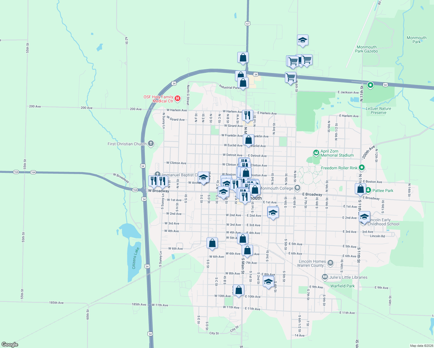 map of restaurants, bars, coffee shops, grocery stores, and more near 415 West Boston Avenue in Monmouth