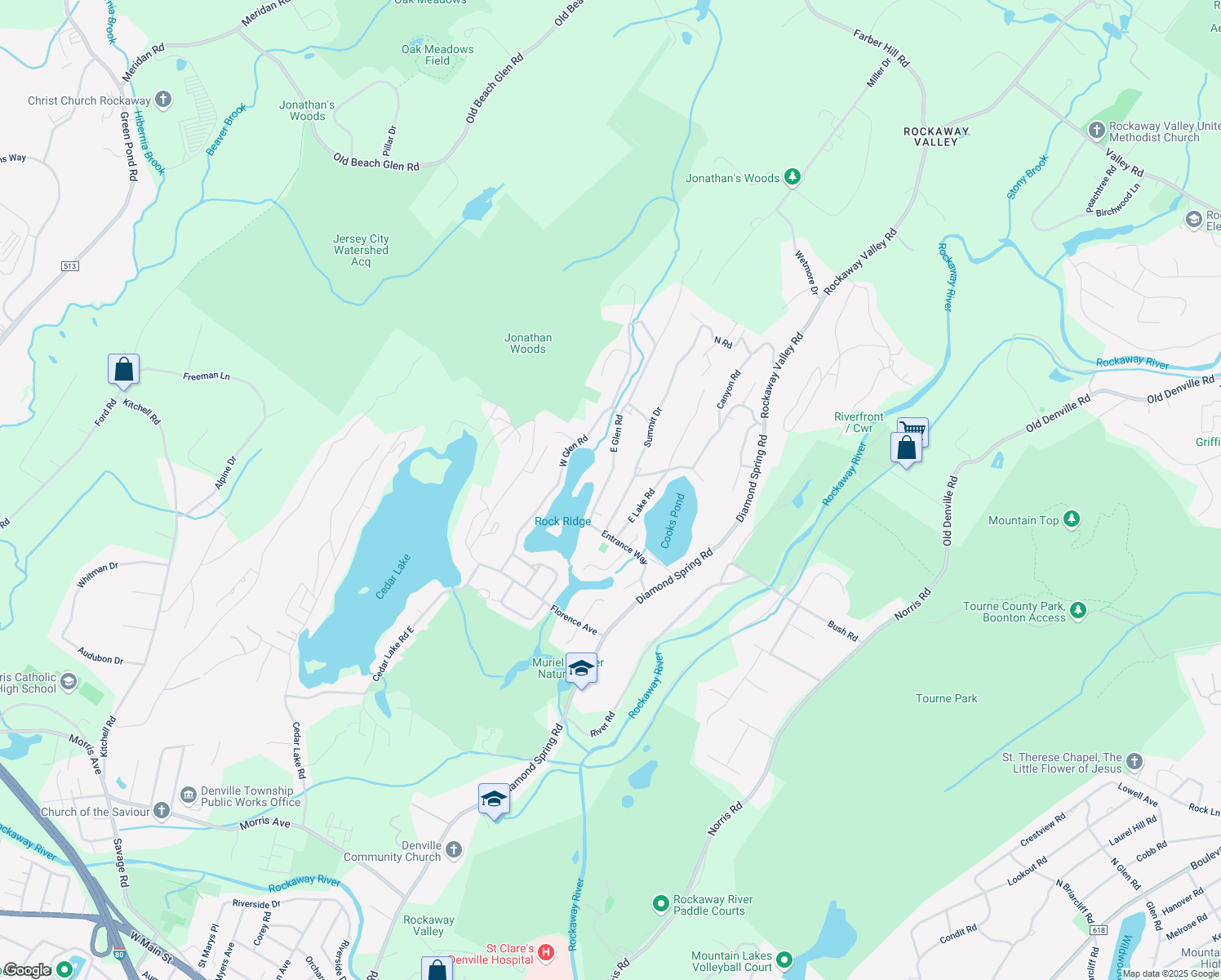 map of restaurants, bars, coffee shops, grocery stores, and more near 16 E Glen Rd in Denville