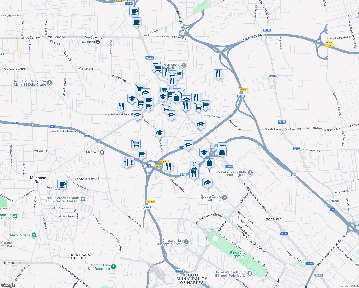 map of restaurants, bars, coffee shops, grocery stores, and more near 339 Corso Europa in Melito di Napoli