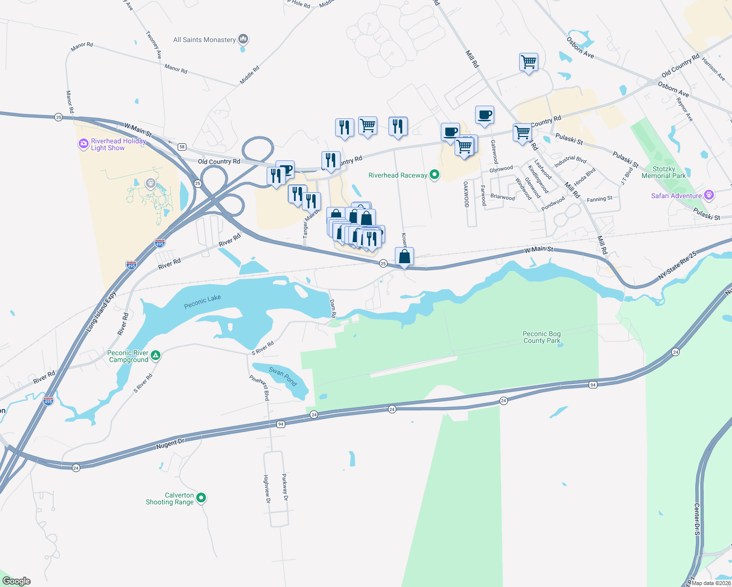 map of restaurants, bars, coffee shops, grocery stores, and more near 83 Forge Road in Riverhead