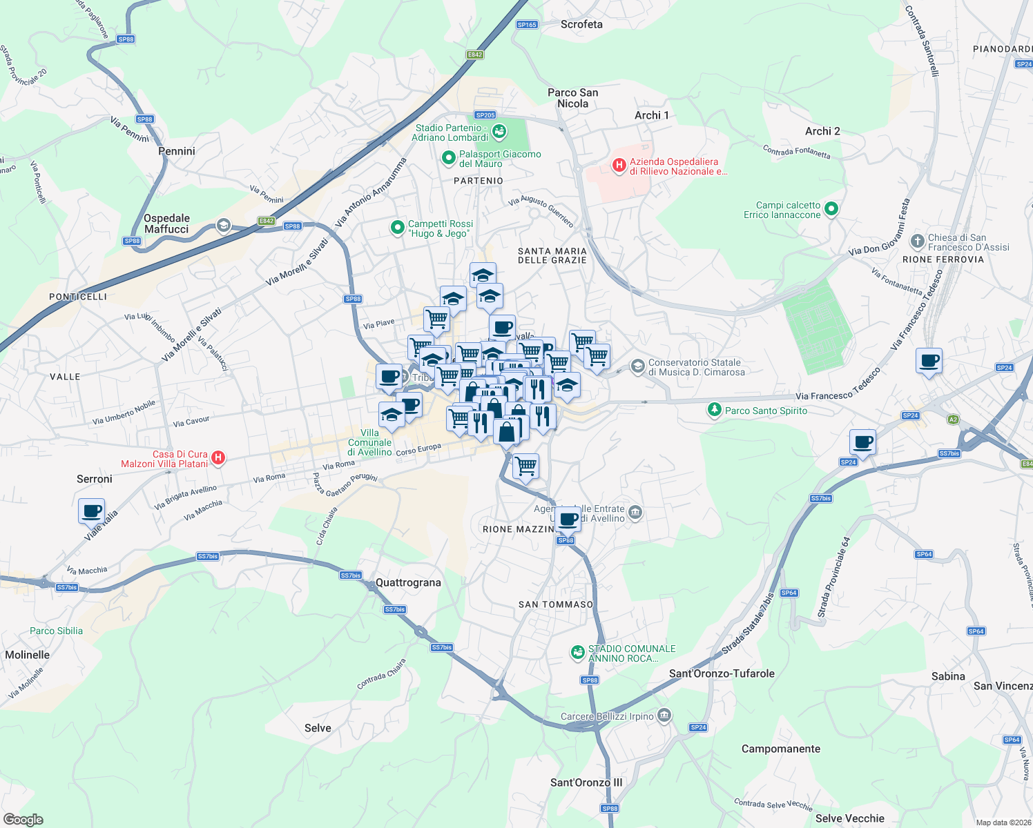 map of restaurants, bars, coffee shops, grocery stores, and more near 118 Via Francesco De Sanctis in Avellino