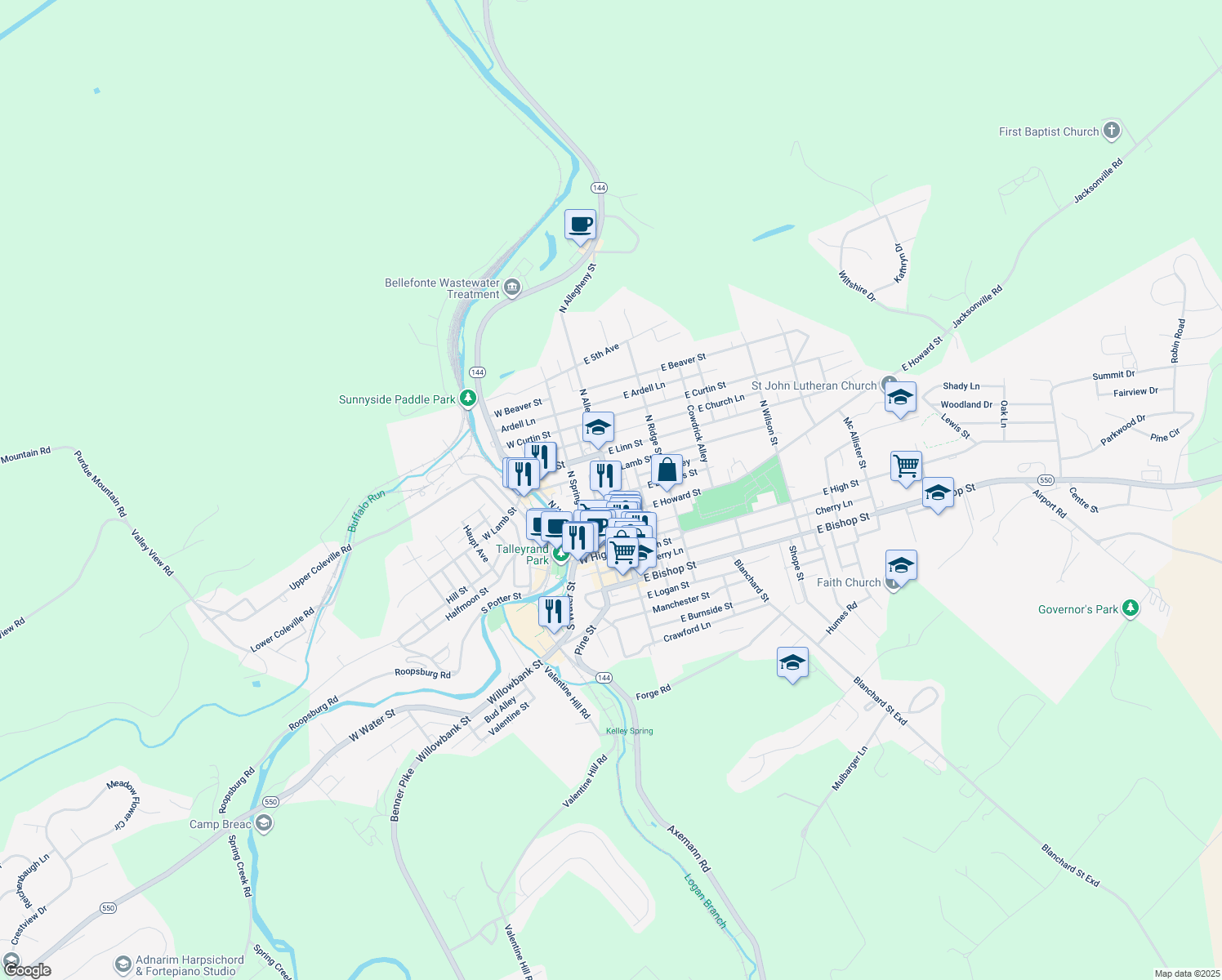 map of restaurants, bars, coffee shops, grocery stores, and more near 238 North Allegheny Street in Bellefonte