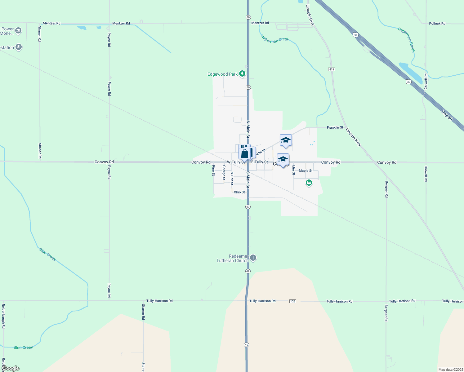 map of restaurants, bars, coffee shops, grocery stores, and more near 418 South Linn Street in Convoy