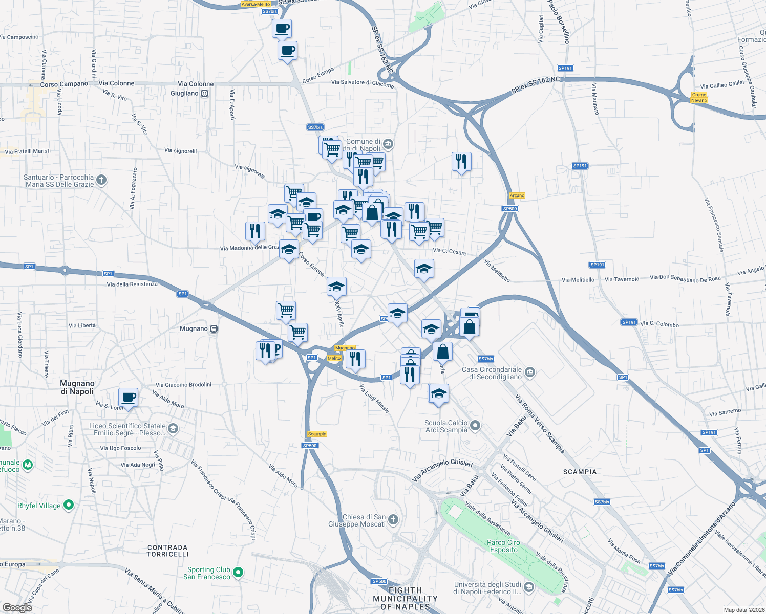 map of restaurants, bars, coffee shops, grocery stores, and more near 339 Corso Europa in Melito di Napoli