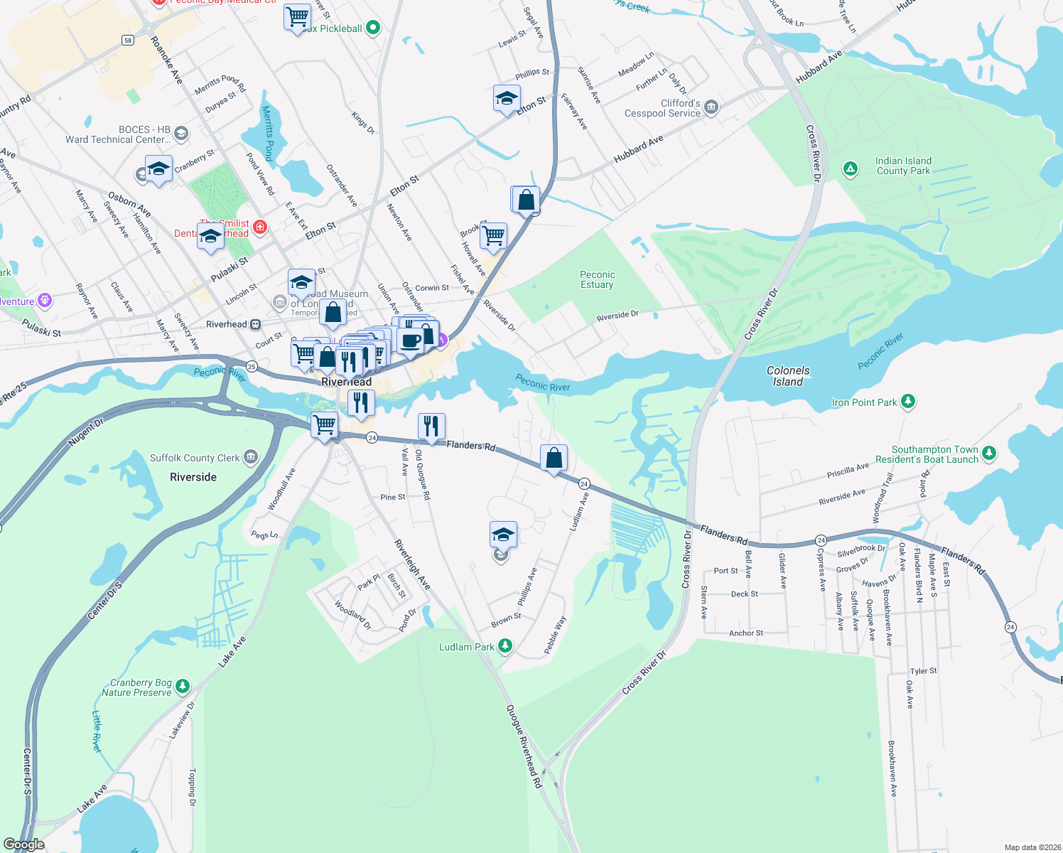 map of restaurants, bars, coffee shops, grocery stores, and more near 330 Flanders Road in Riverhead