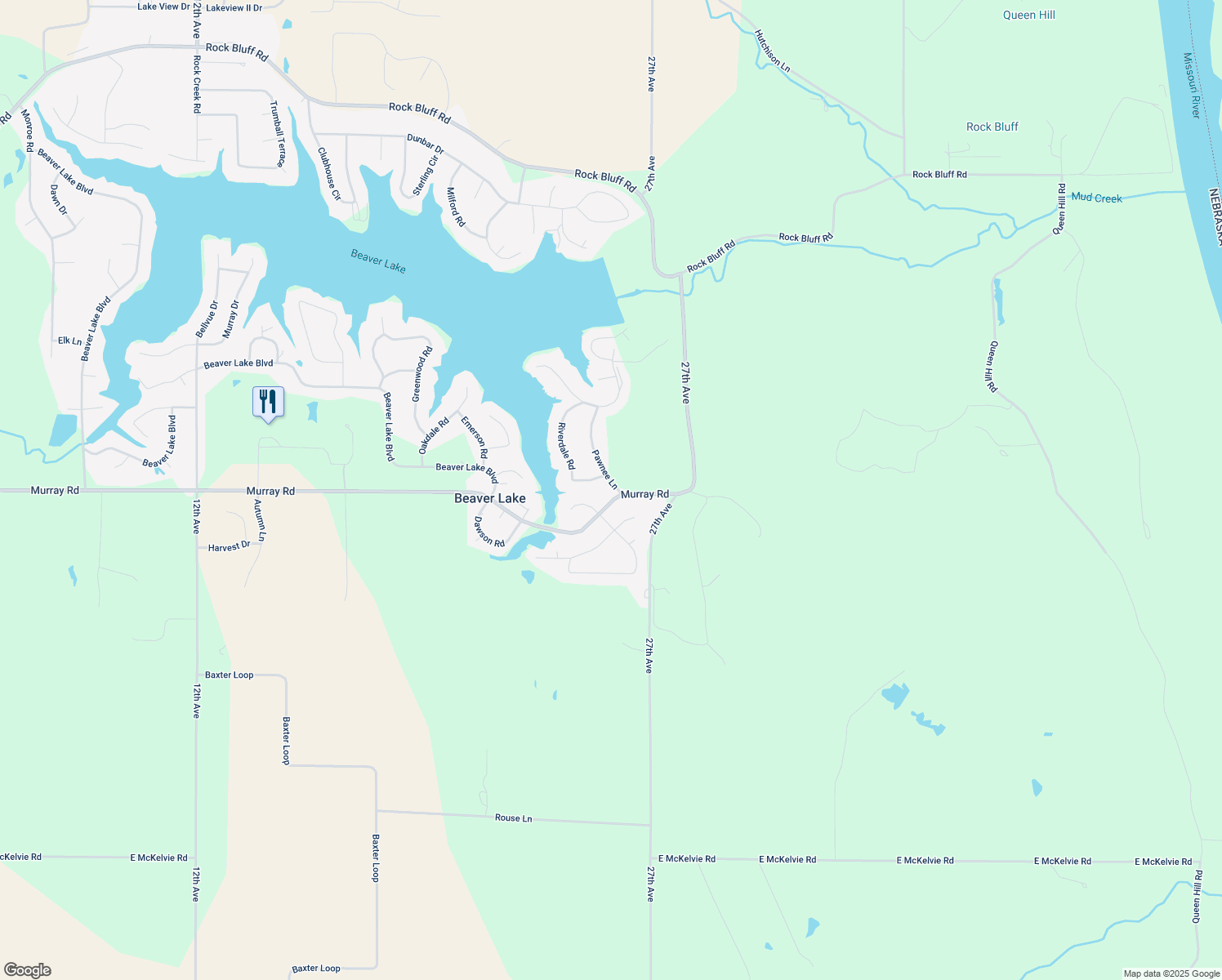 map of restaurants, bars, coffee shops, grocery stores, and more near 8504 Riverdale Road in Plattsmouth