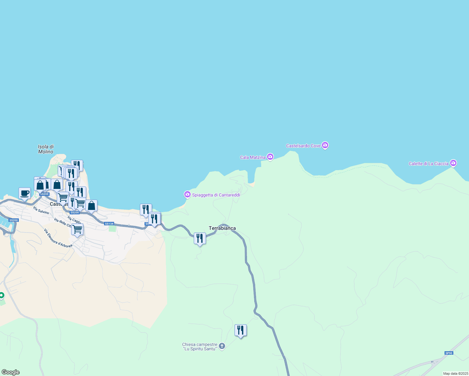 map of restaurants, bars, coffee shops, grocery stores, and more near Unnamed Road in Sassari